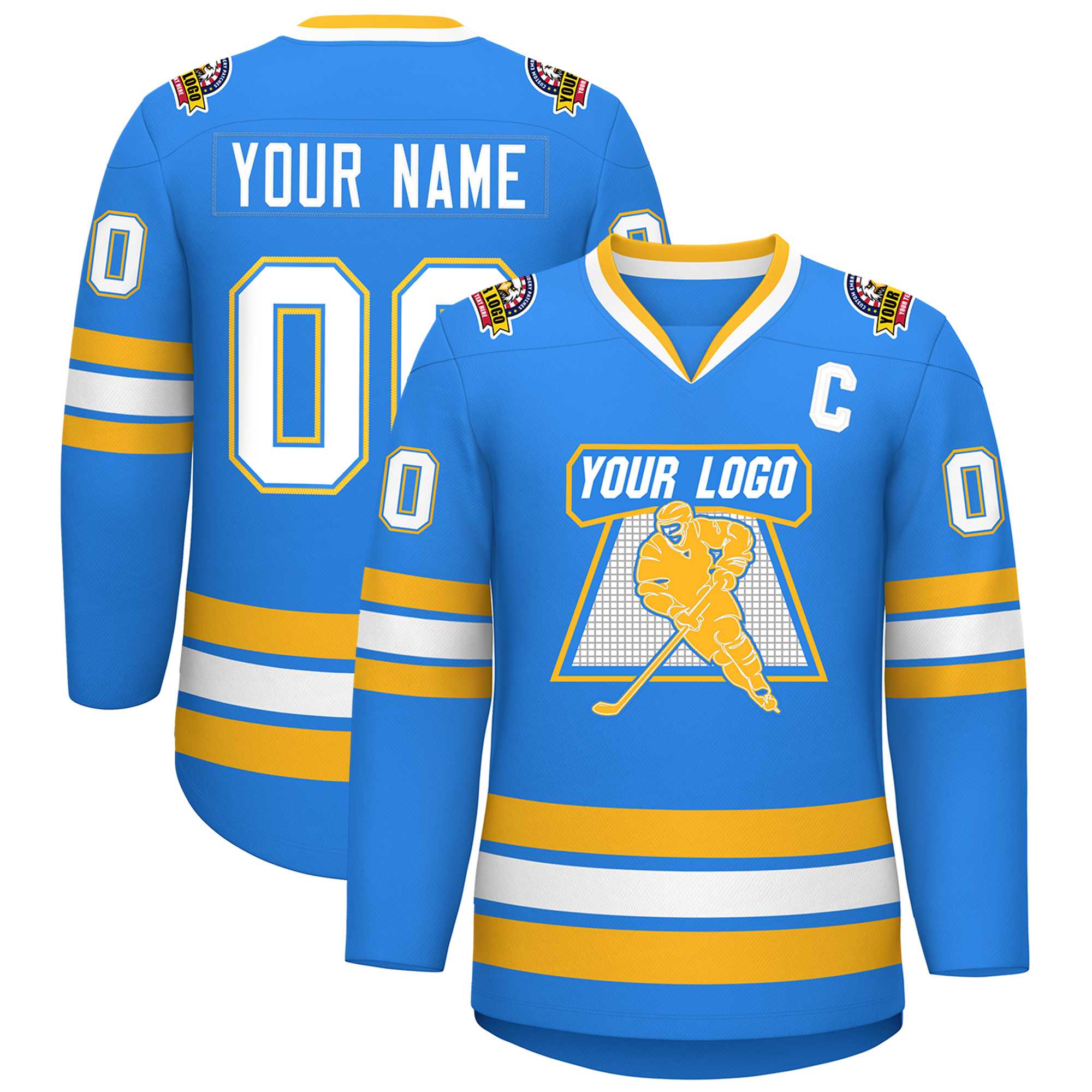 Custom Powder Blue White Powder Blue-Gold Classic Style Hockey Jersey | KXKSHOP