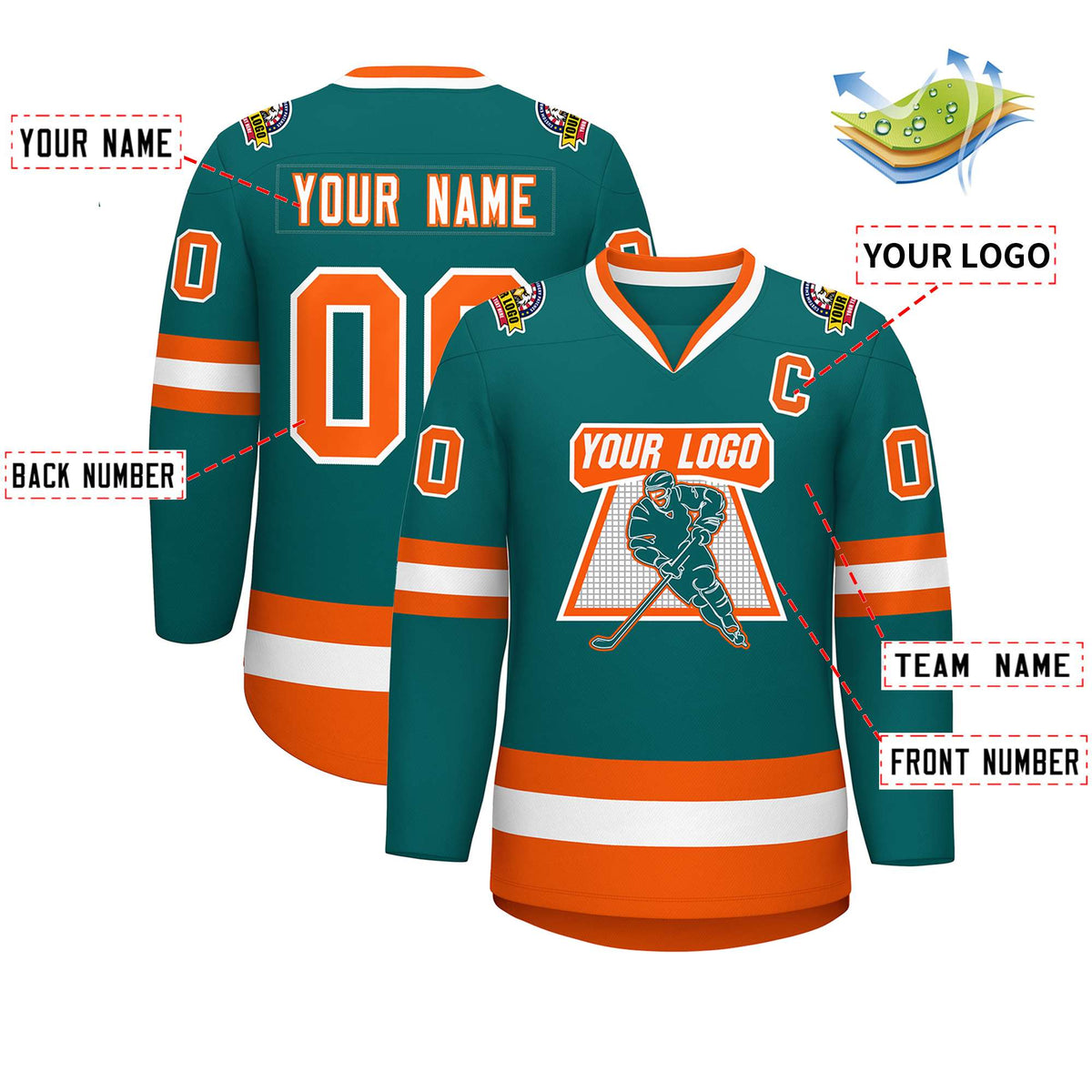 Custom Teal White-Orange Classic Style Hockey Jersey | KXKSHOP