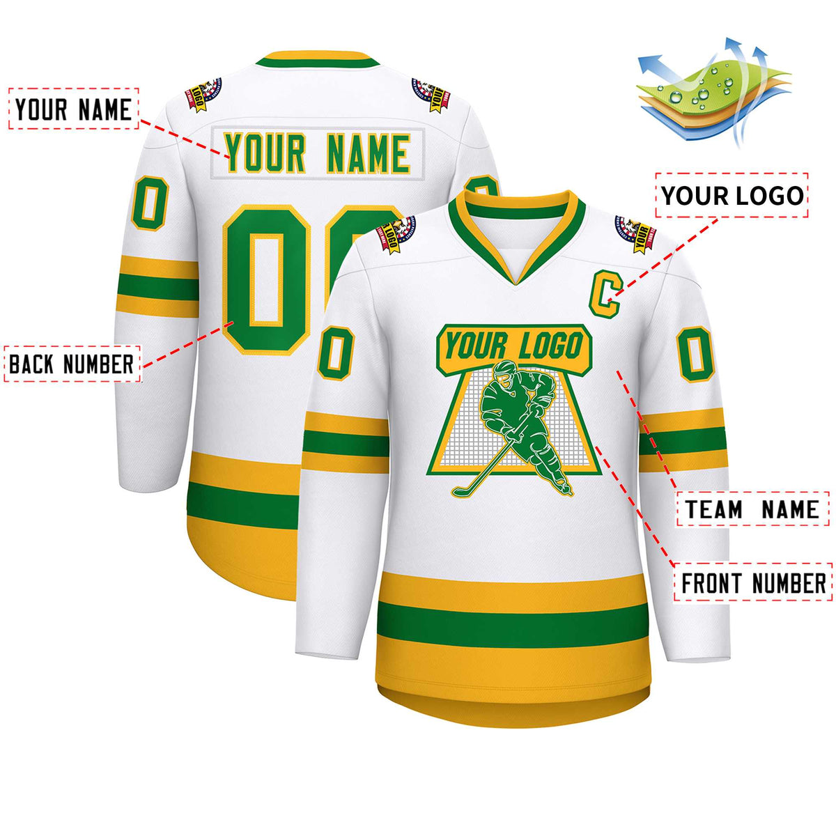Custom White Kelly Green-Gold Classic Style Hockey Jersey | KXKSHOP