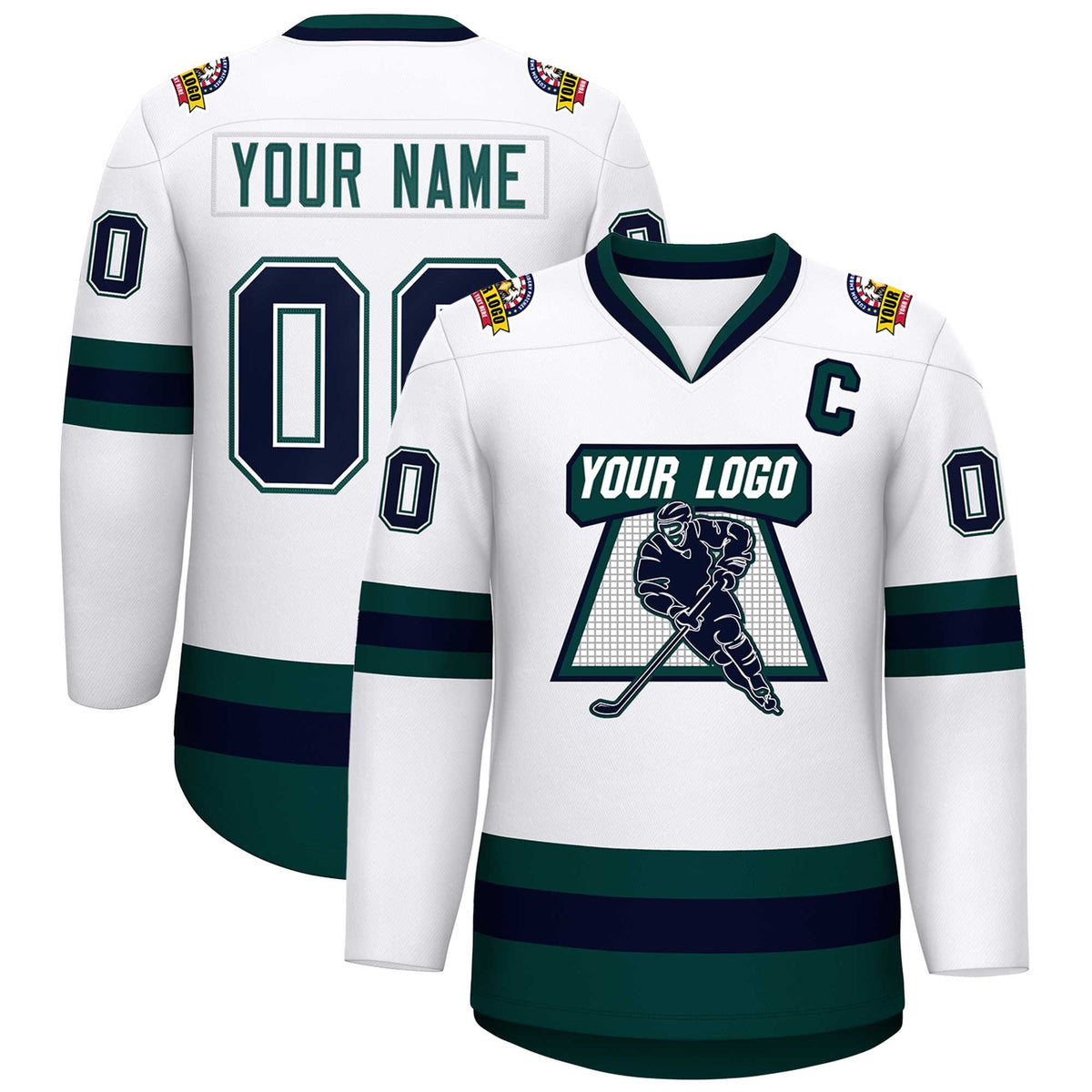 Custom White Navy White-Midnight Green Classic Style Hockey Jersey | KXKSHOP