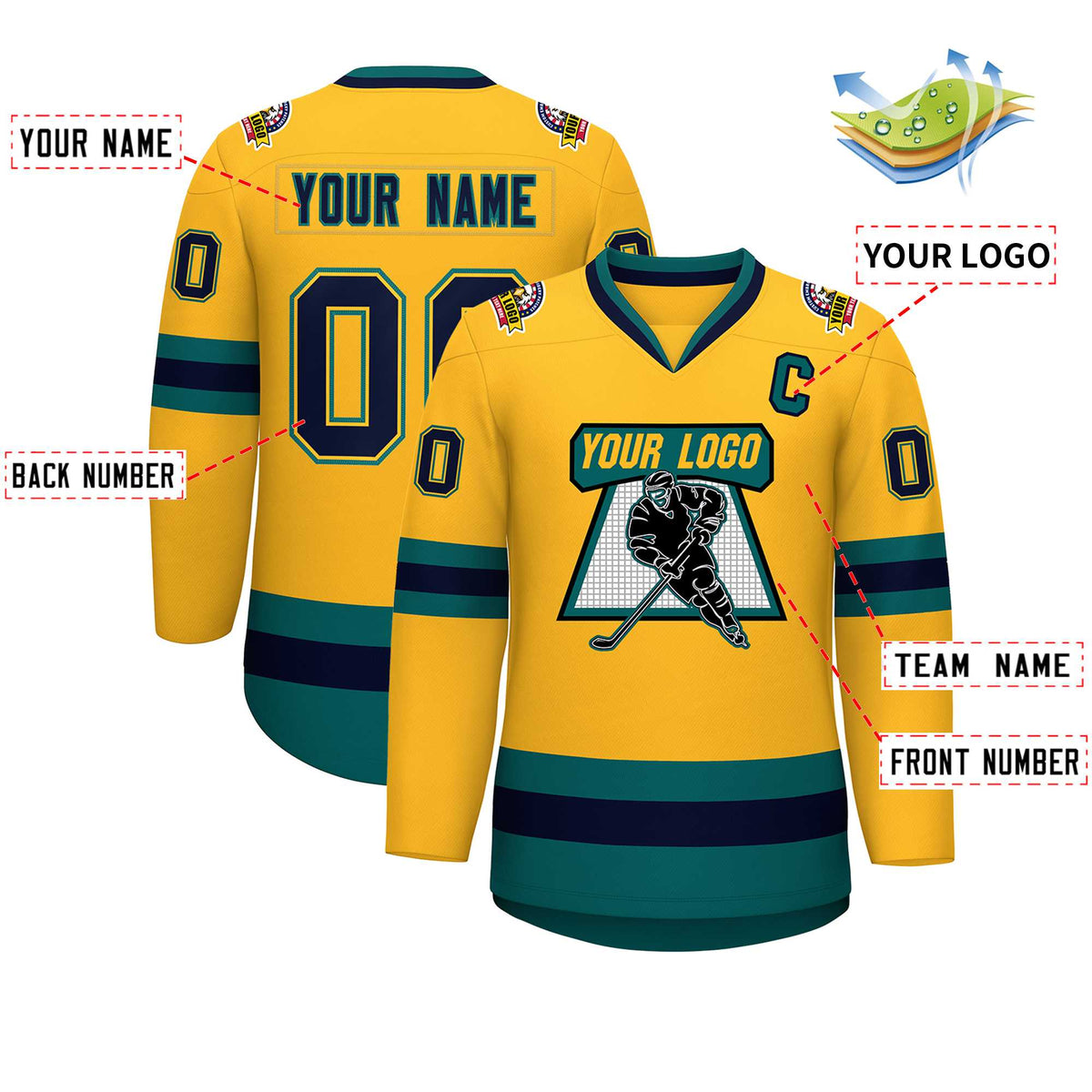 Custom Gold Navy Gold-Aqua Classic Style Hockey Jersey | KXKSHOP