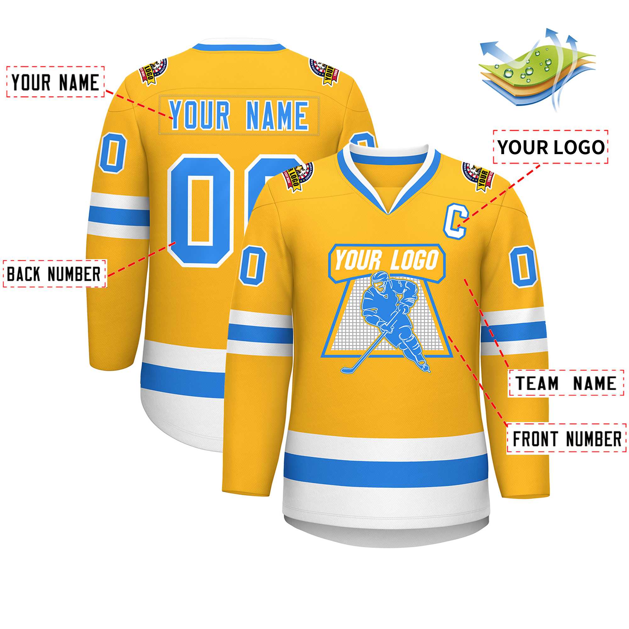 Custom Gold Powder Blue-White Classic Style Hockey Jersey | KXKSHOP