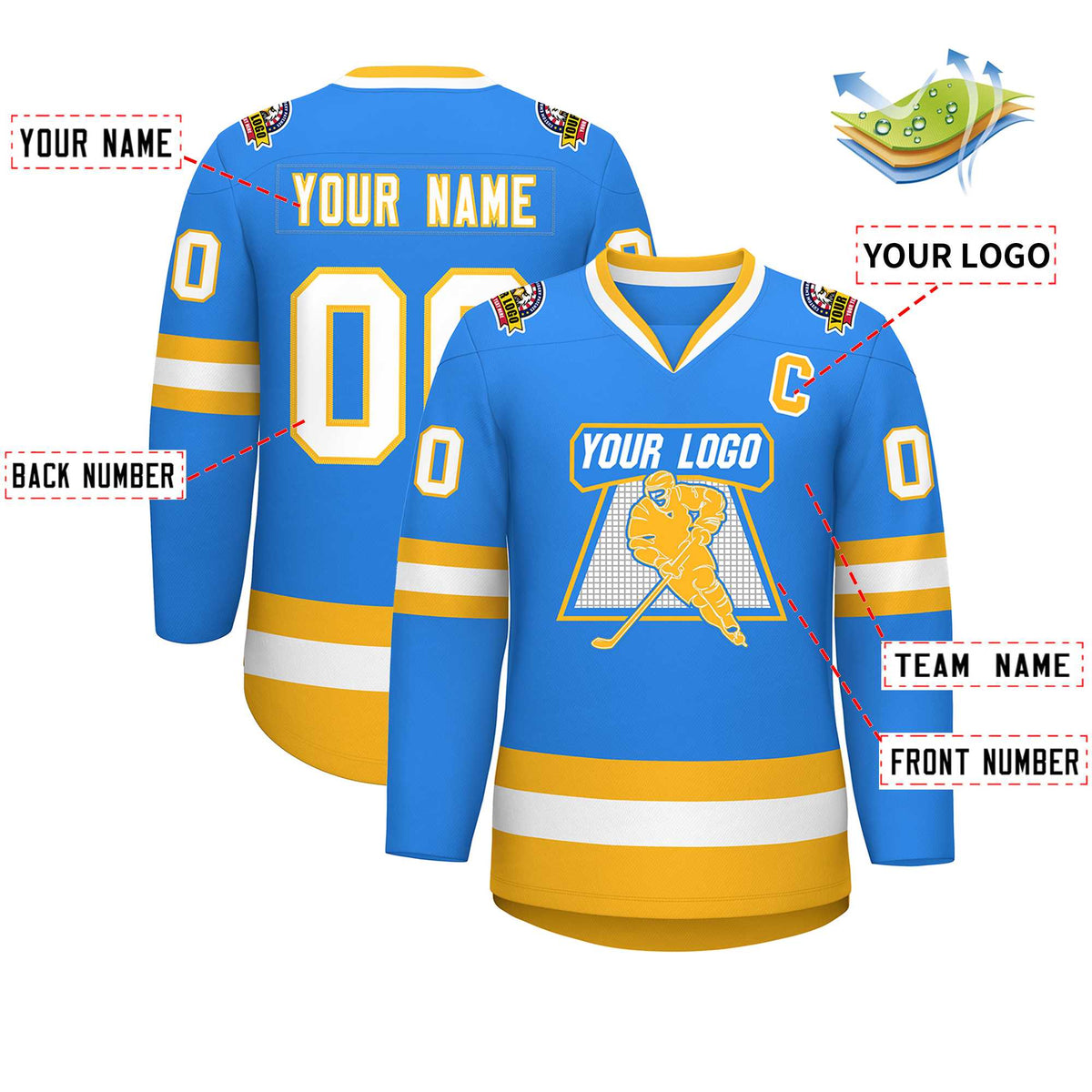 Custom Powder Blue White-Gold Classic Style Hockey Jersey | KXKSHOP