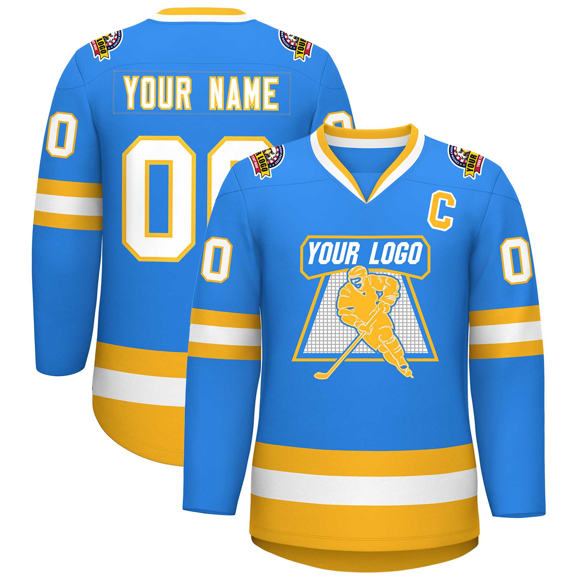 Custom Powder Blue White-Gold Classic Style Hockey Jersey | KXKSHOP