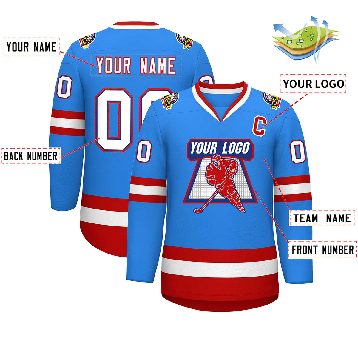 Custom Powder Blue White Royal-Red Classic Style Hockey Jersey | KXKSHOP