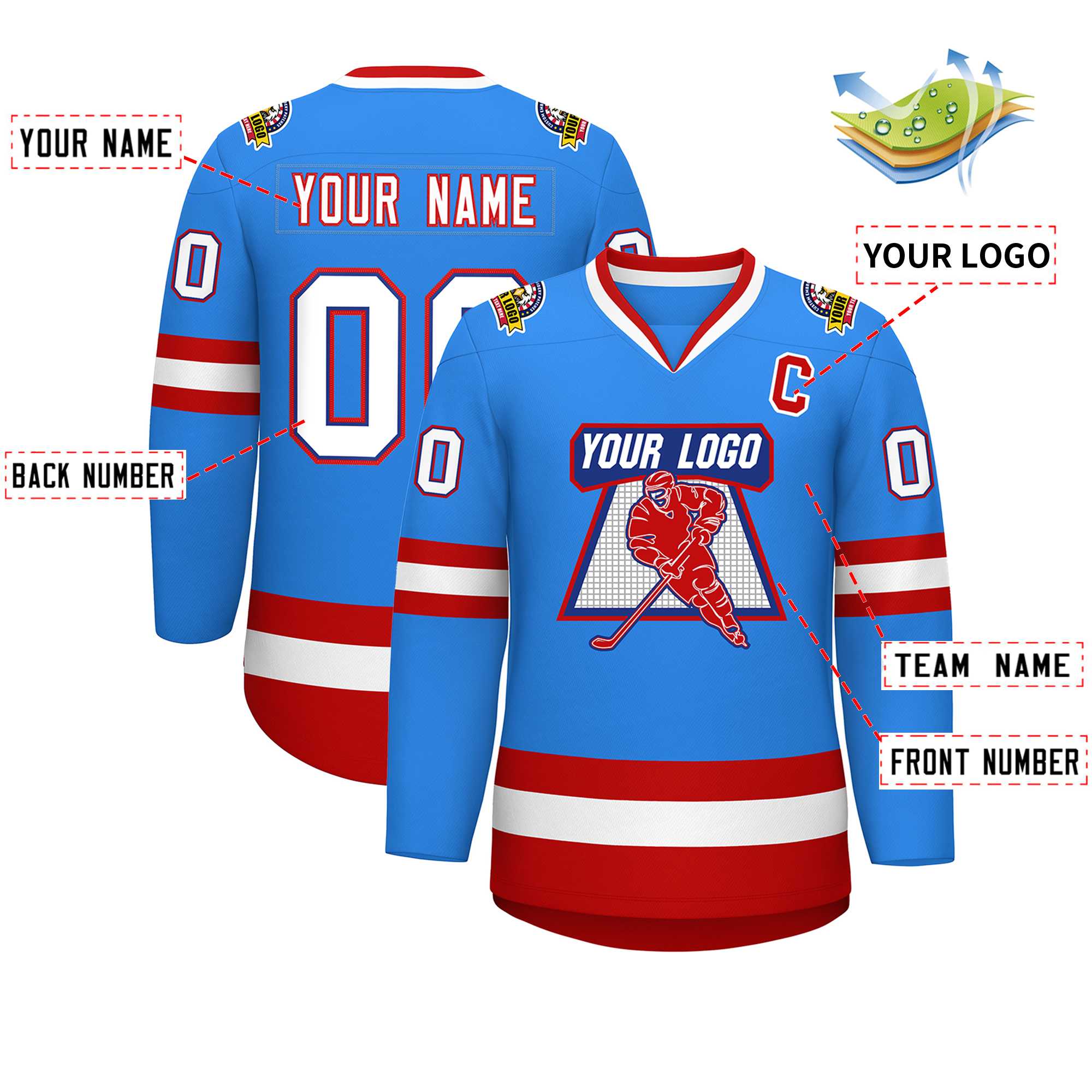 Custom Powder Blue White Royal-Red Classic Style Hockey Jersey | KXKSHOP