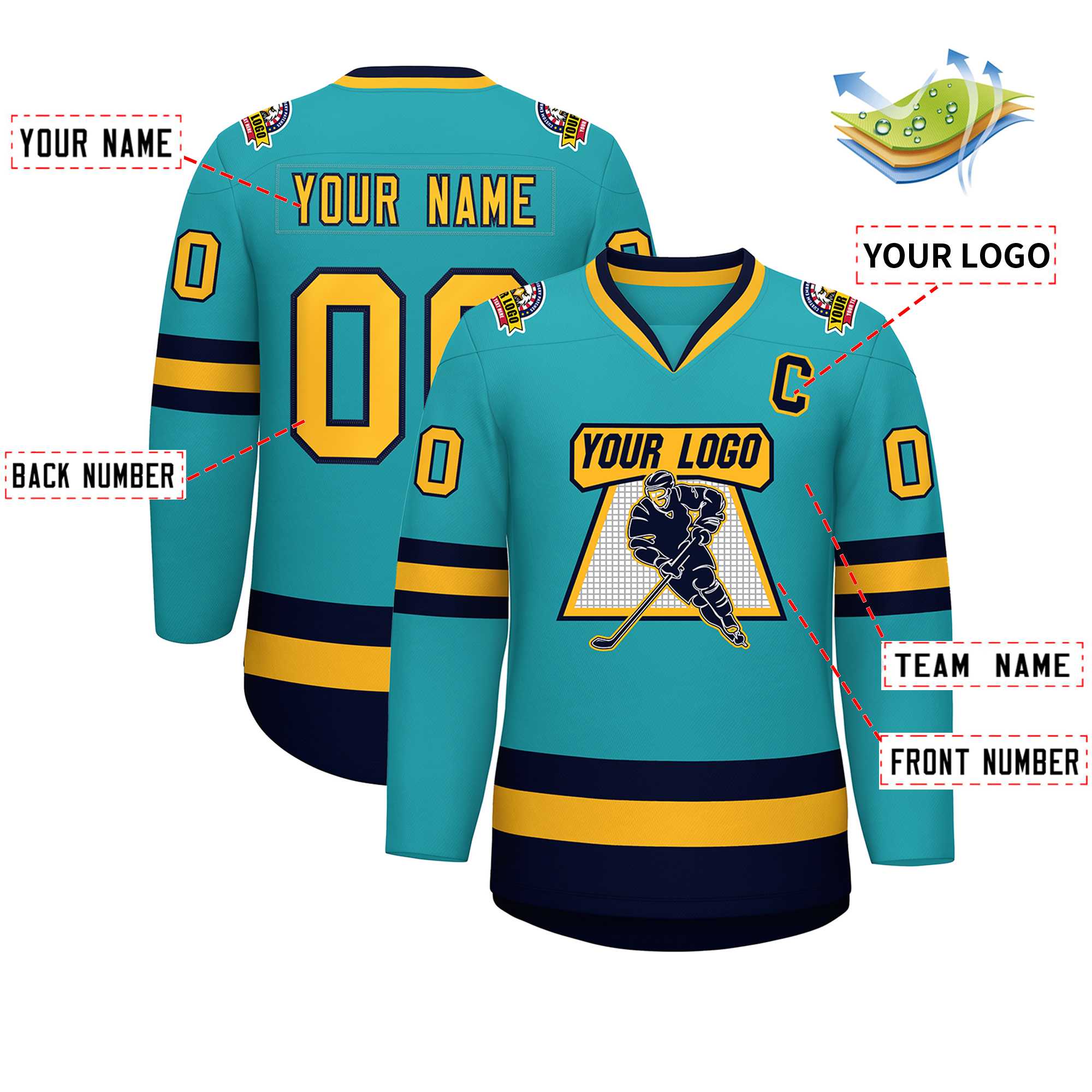 Custom Aqua Gold-Navy Classic Style Hockey Jersey | KXKSHOP