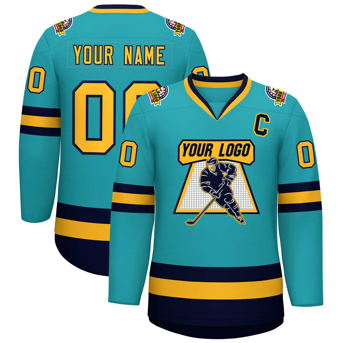 Custom Aqua Gold-Navy Classic Style Hockey Jersey | KXKSHOP