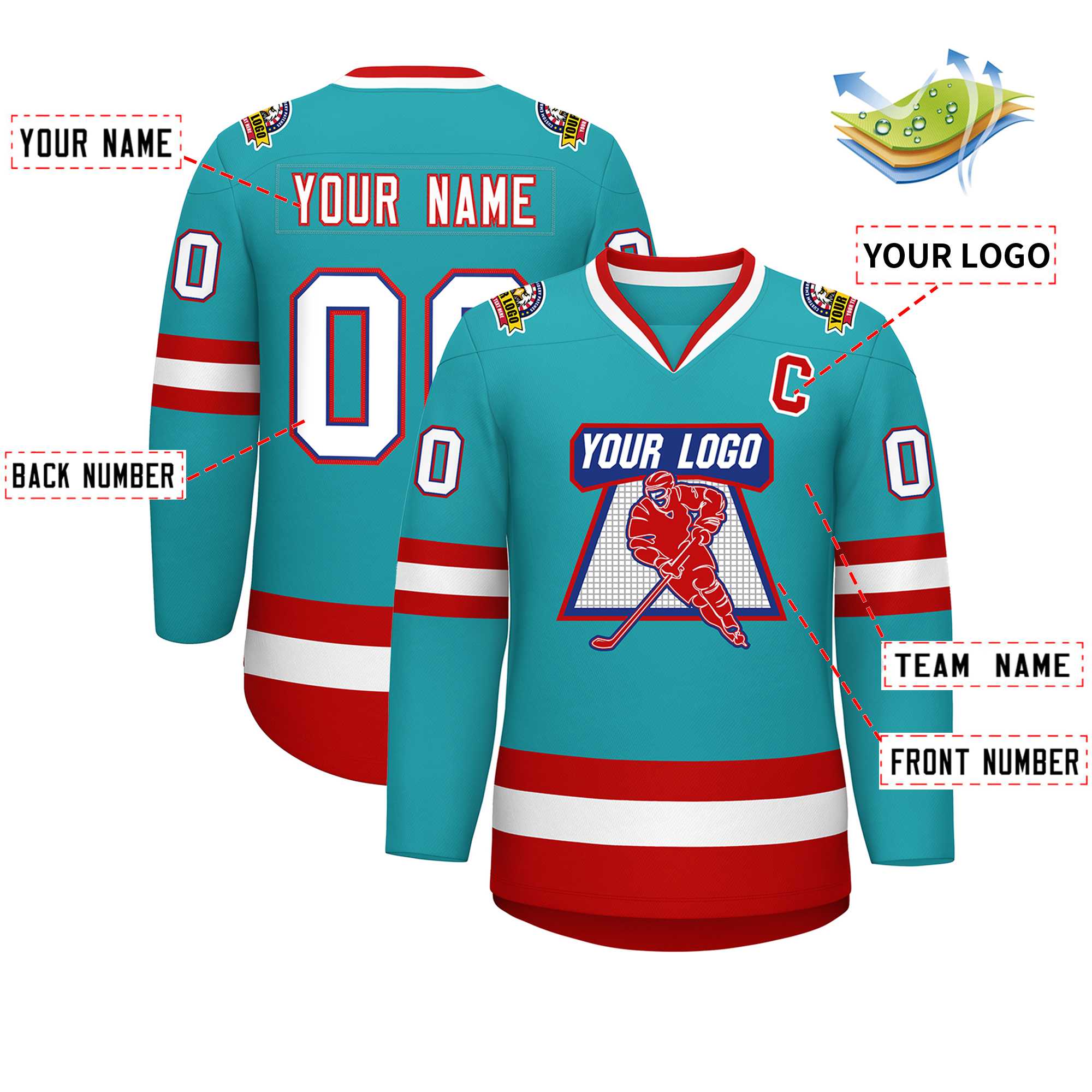 Custom Aqua White Royal-Red Classic Style Hockey Jersey | KXKSHOP