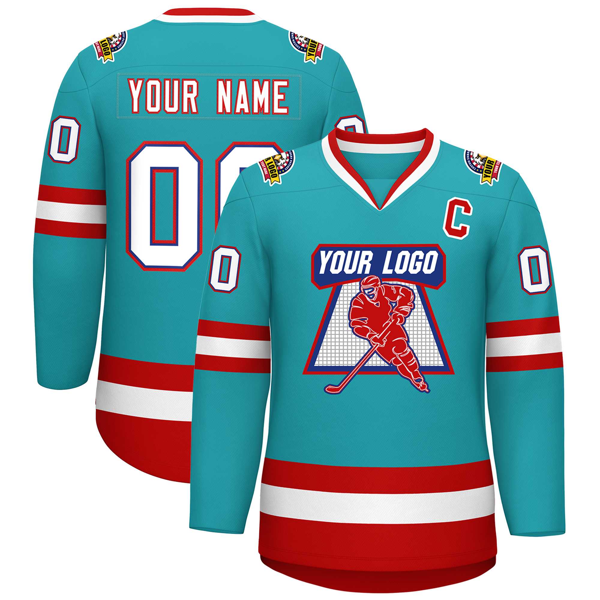Custom Aqua White Royal-Red Classic Style Hockey Jersey | KXKSHOP