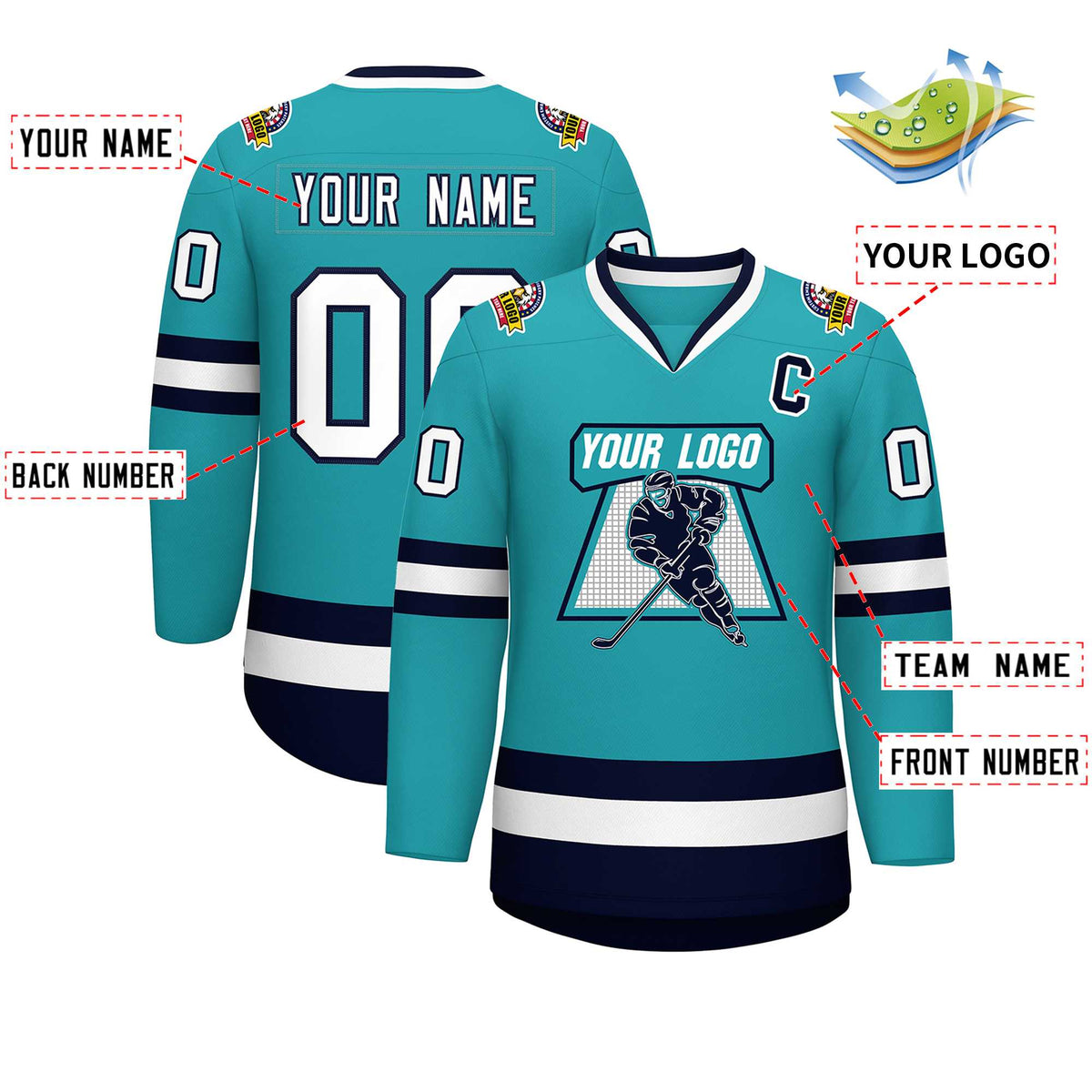 Custom Aqua White-Navy Classic Style Hockey Jersey | KXKSHOP