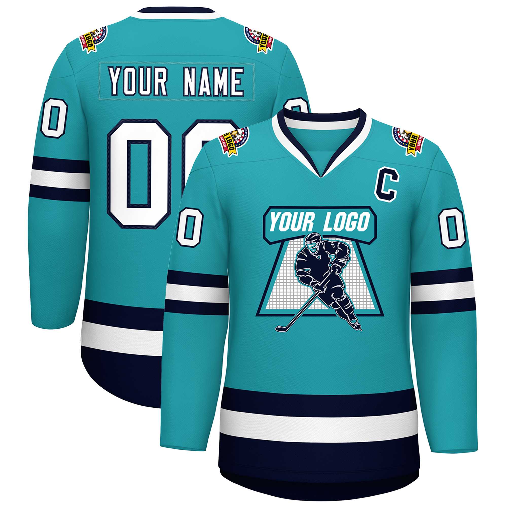 Custom Aqua White-Navy Classic Style Hockey Jersey | KXKSHOP