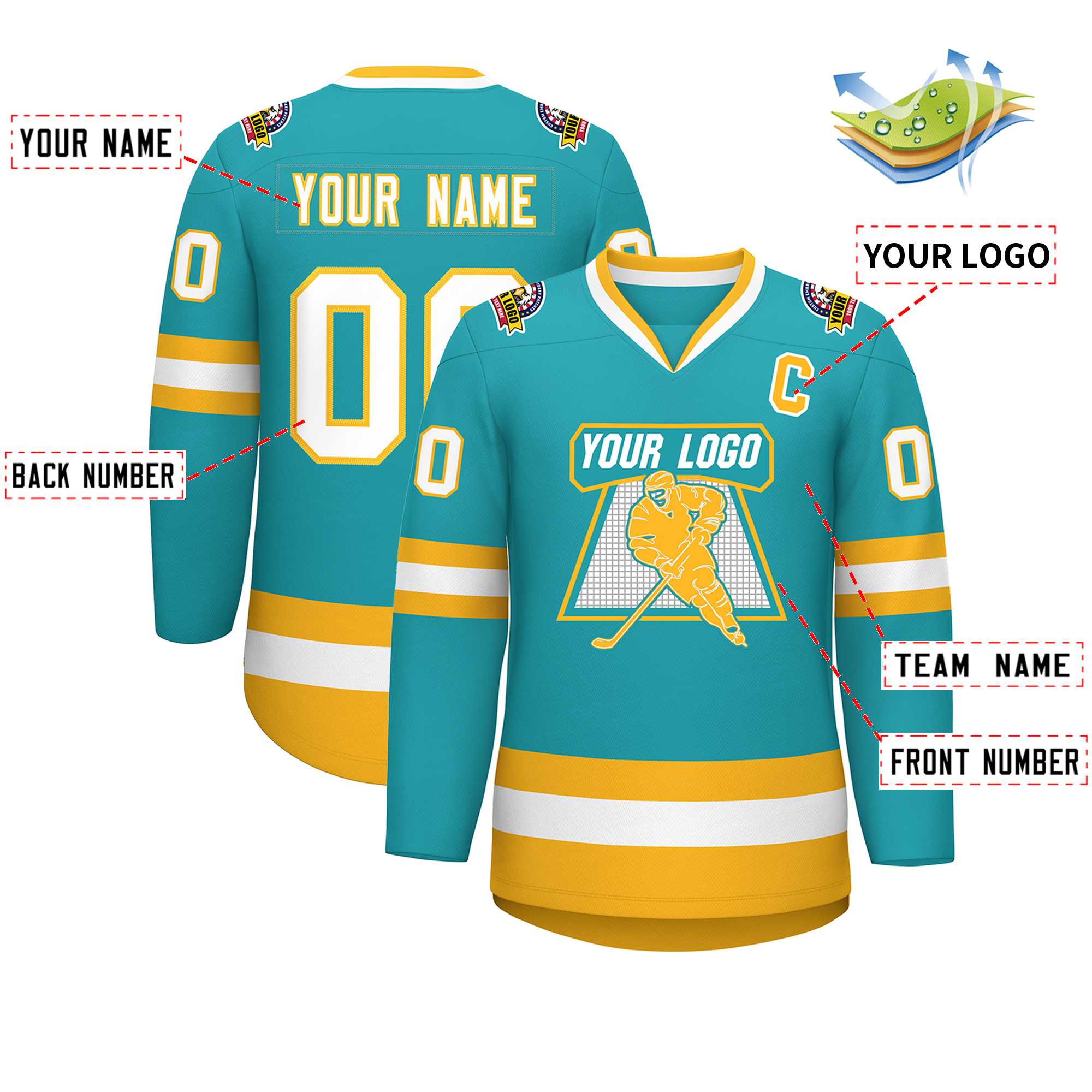 Custom Aqua White-Gold Classic Style Hockey Jersey | KXKSHOP