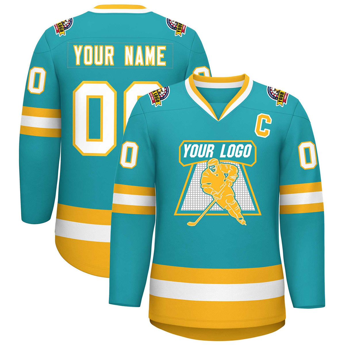 Custom Aqua White-Gold Classic Style Hockey Jersey | KXKSHOP