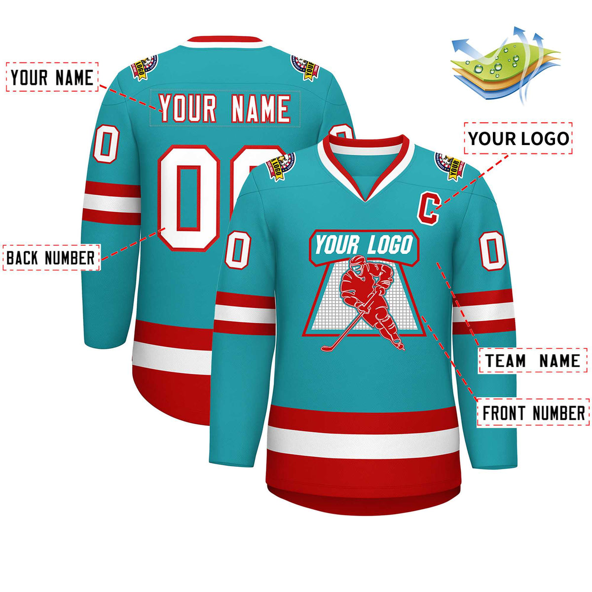 Custom Aqua White-Red Classic Style Hockey Jersey | KXKSHOP