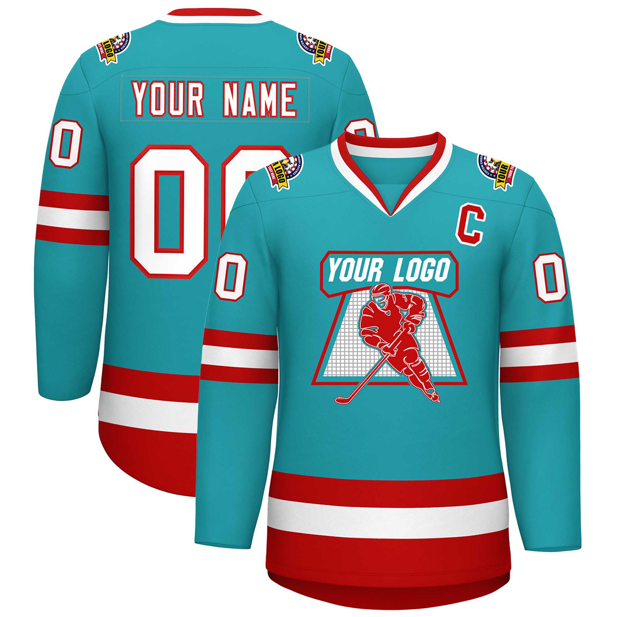 Custom Aqua White-Red Classic Style Hockey Jersey | KXKSHOP