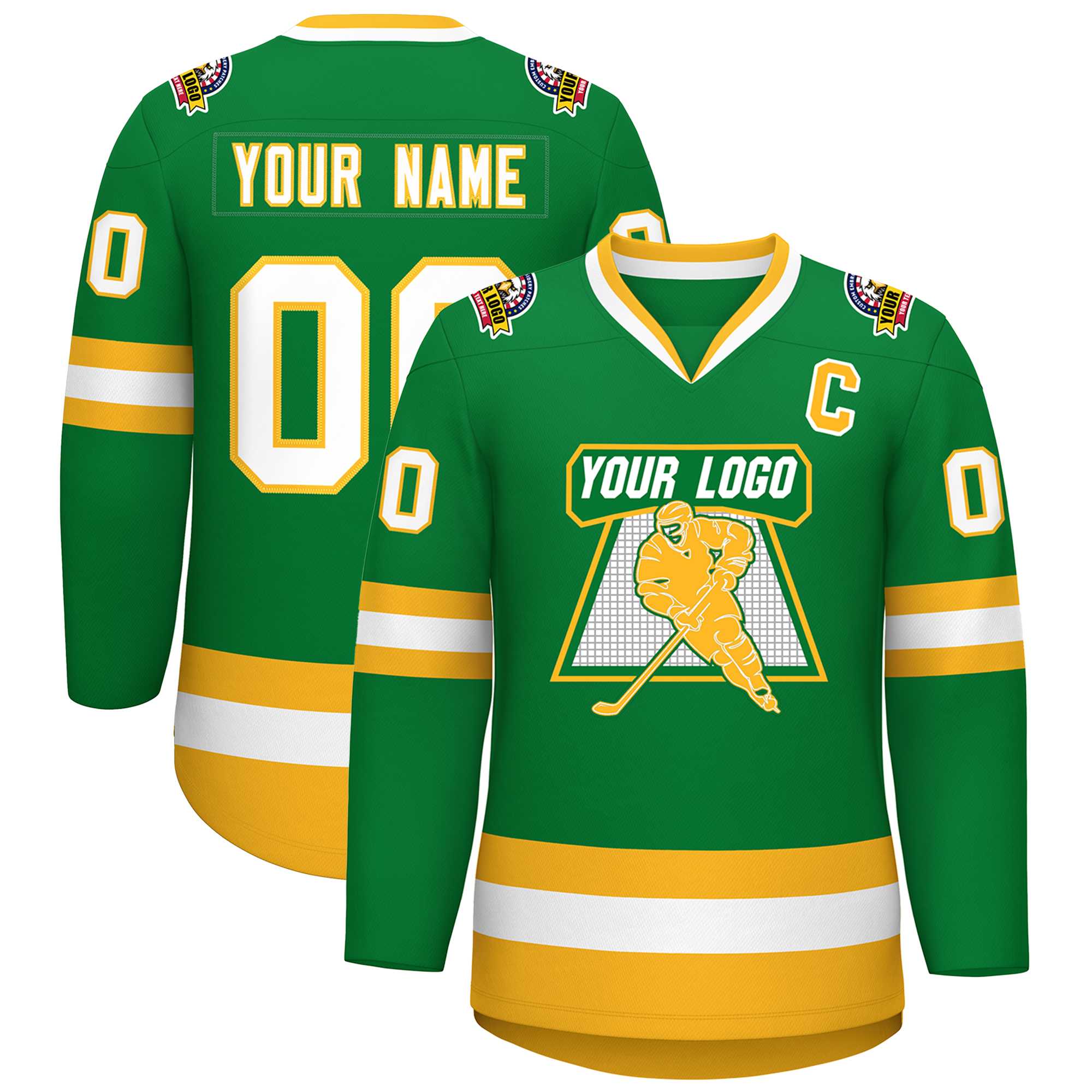 Custom Kelly Green White-Gold Classic Style Hockey Jersey | KXKSHOP