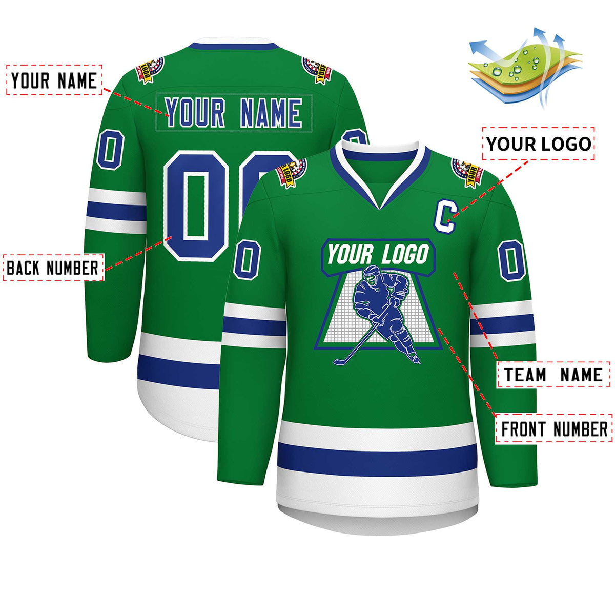 Custom Kelly Green Royal-White Classic Style Hockey Jersey | KXKSHOP