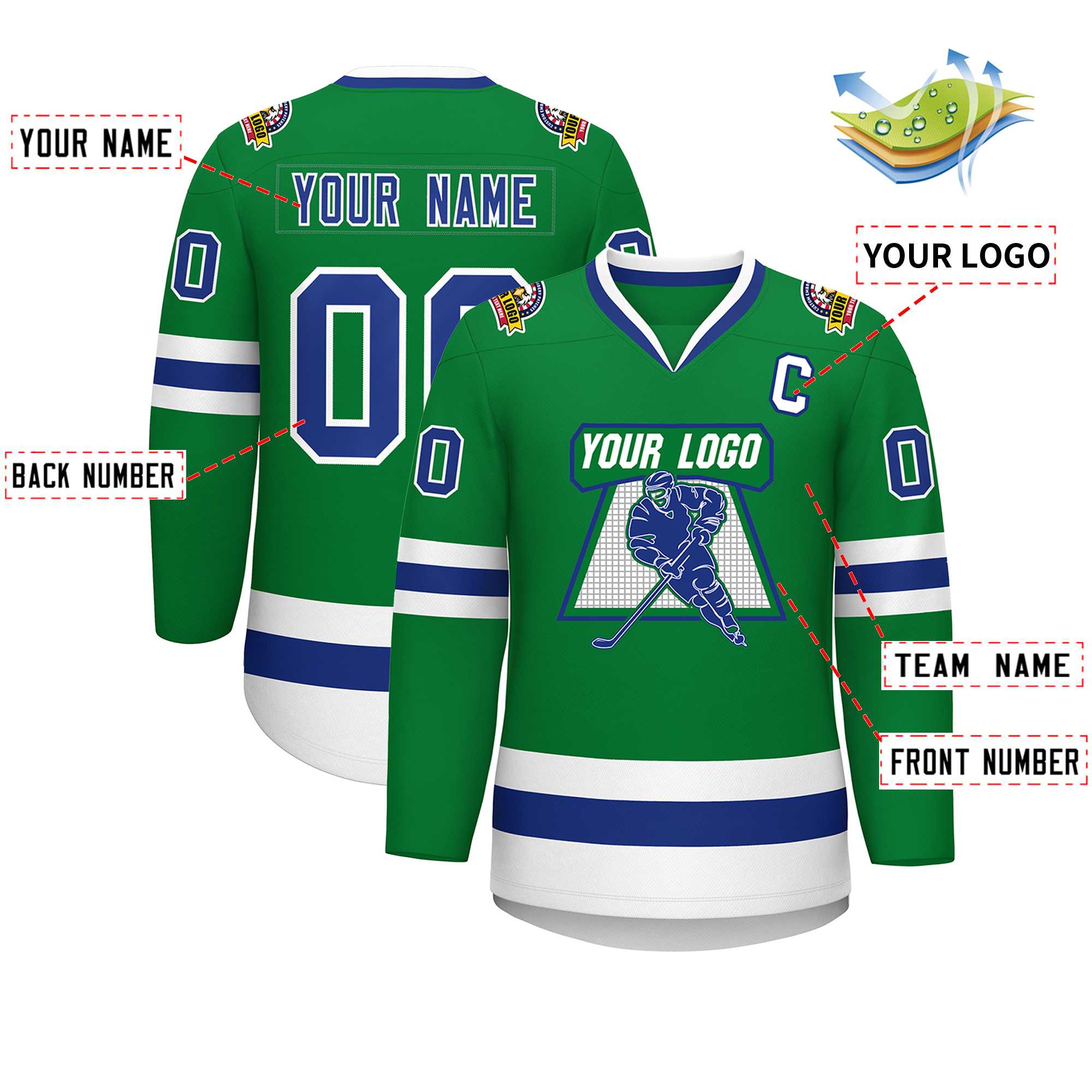 Custom Kelly Green Royal-White Classic Style Hockey Jersey | KXKSHOP