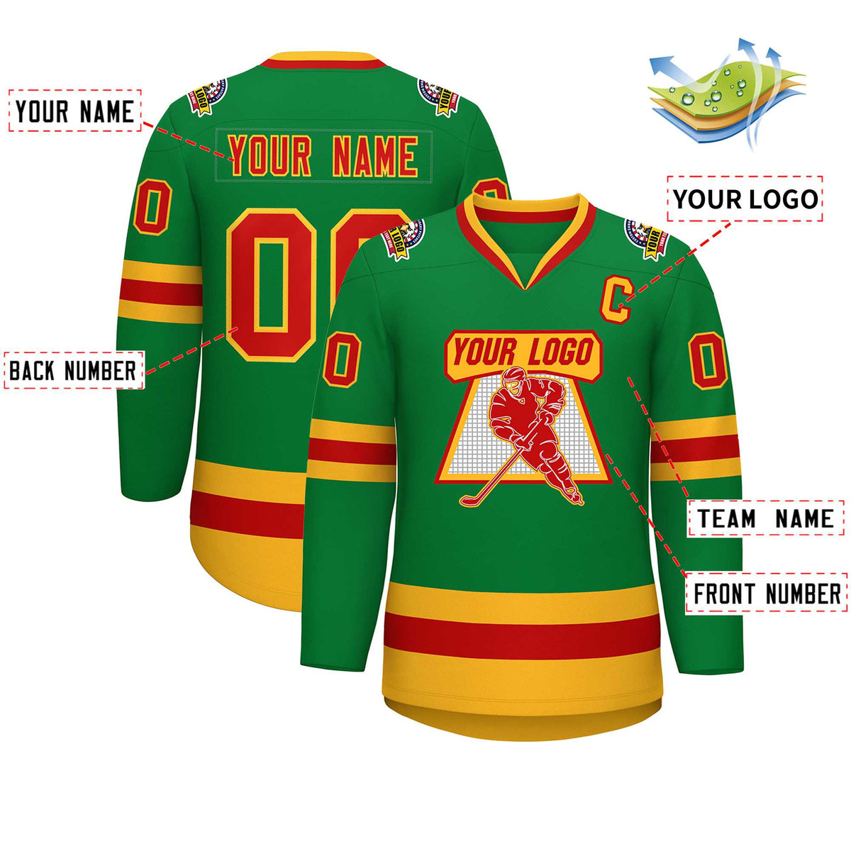 Custom Kelly Green Red-Gold Classic Style Hockey Jersey | KXKSHOP