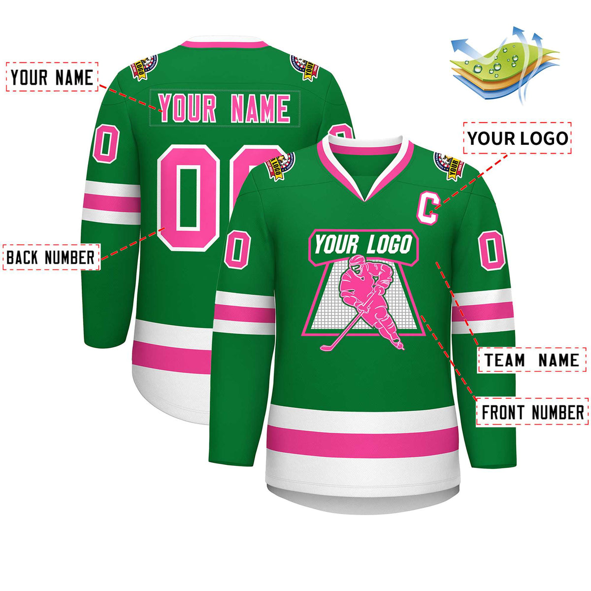 Custom Kelly Green Pink-White Classic Style Hockey Jersey | KXKSHOP
