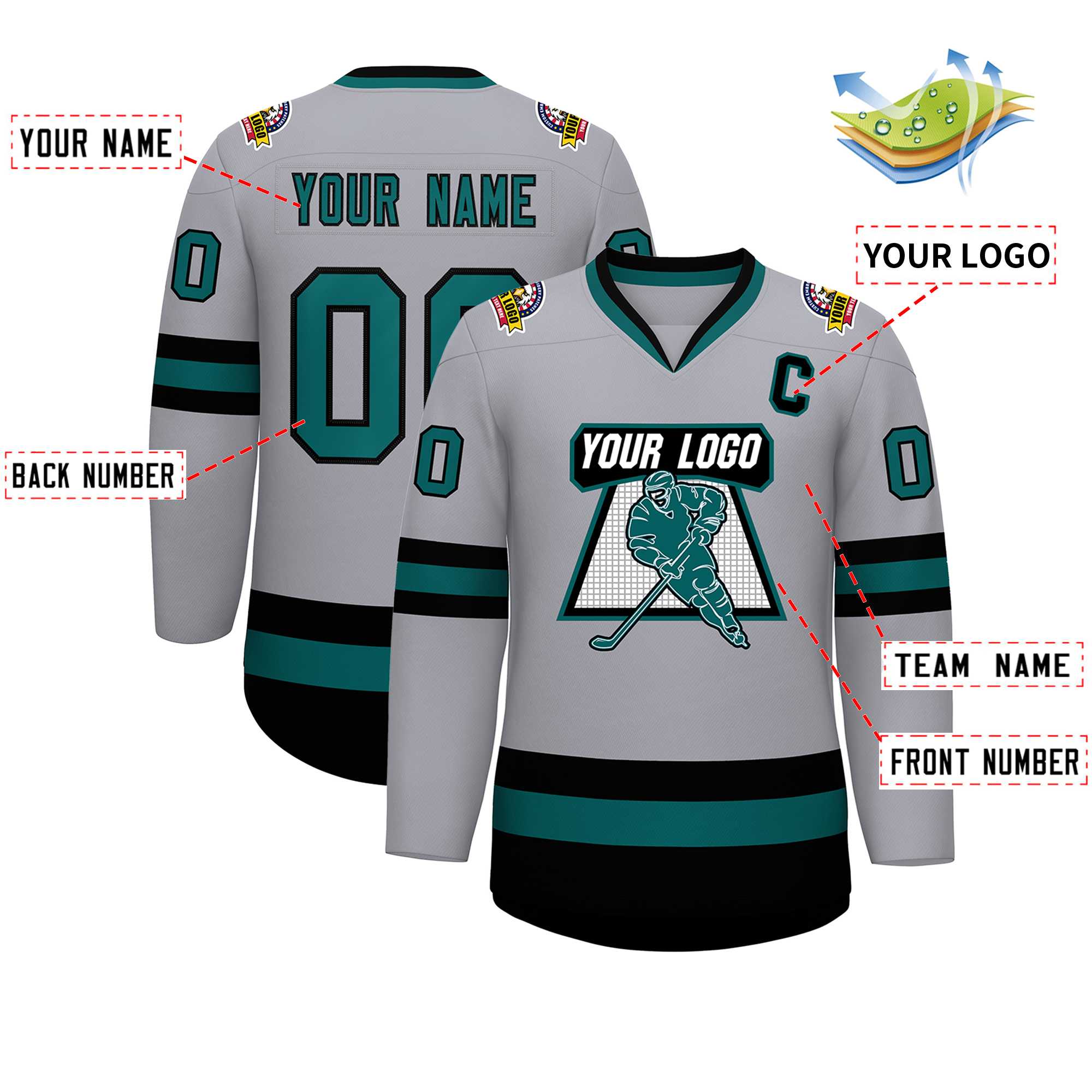 Custom Gray Aqua-Black Classic Style Hockey Jersey | KXKSHOP