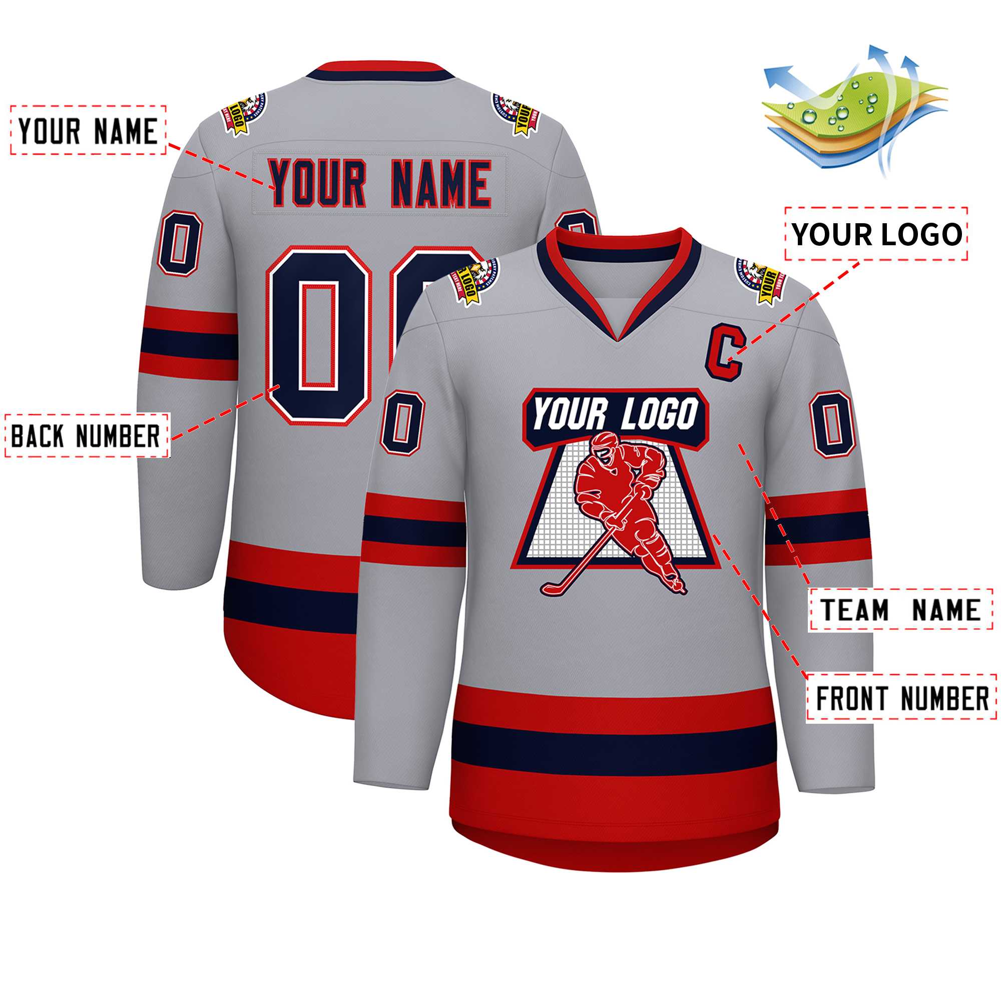 Custom Gray Navy White-Red Classic Style Hockey Jersey | KXKSHOP