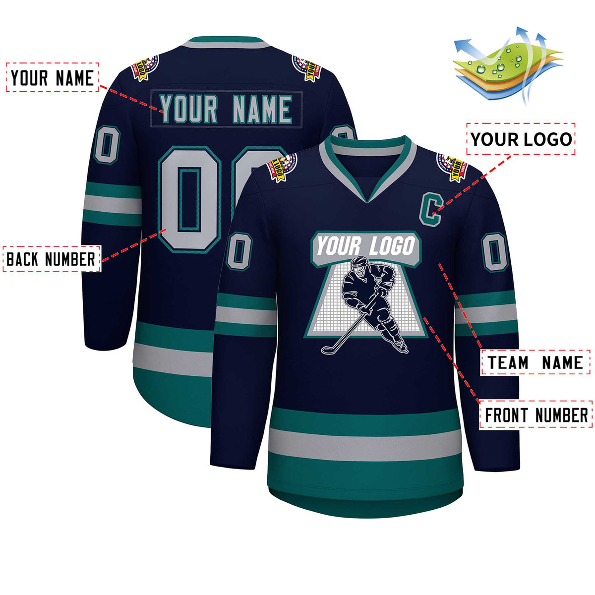 Custom Navy Gray Navy-Aqua Classic Style Hockey Jersey | KXKSHOP