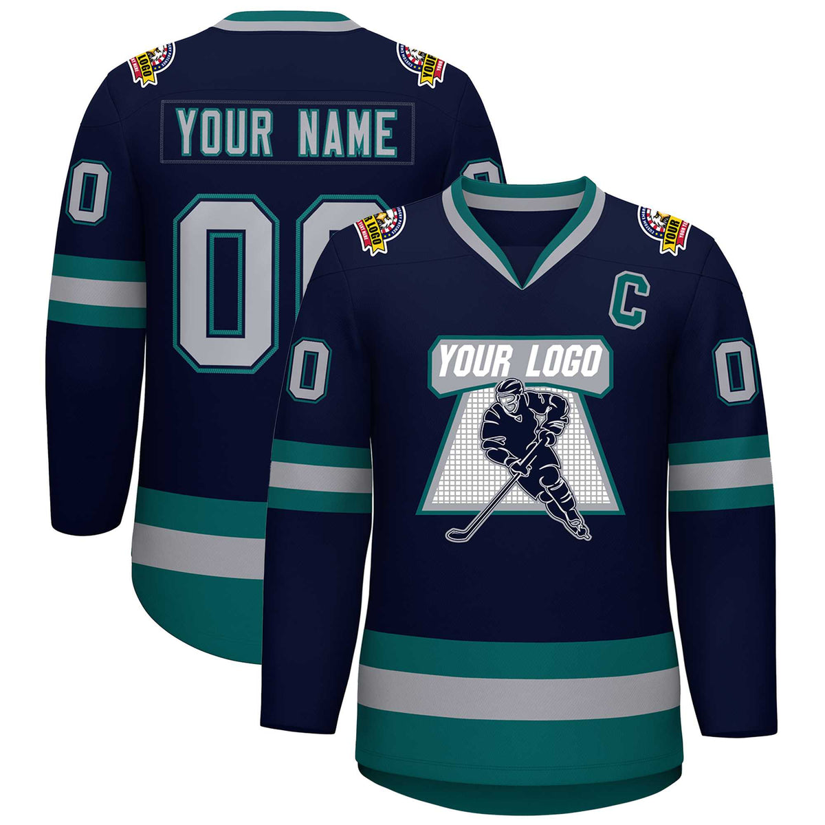 Custom Navy Gray Navy-Aqua Classic Style Hockey Jersey | KXKSHOP