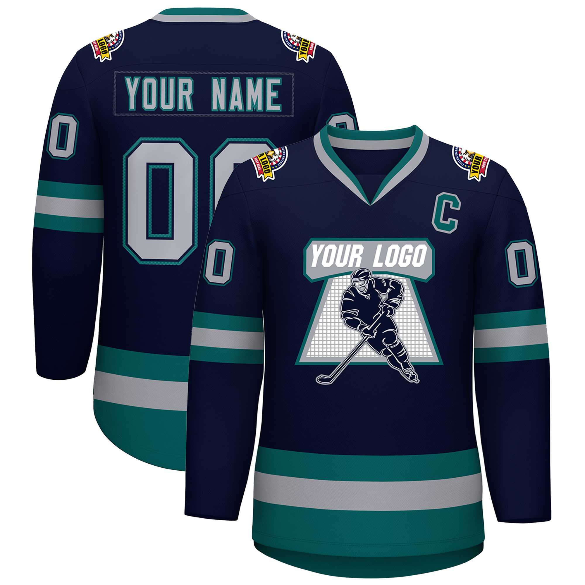 Custom Navy Gray Navy-Aqua Classic Style Hockey Jersey | KXKSHOP