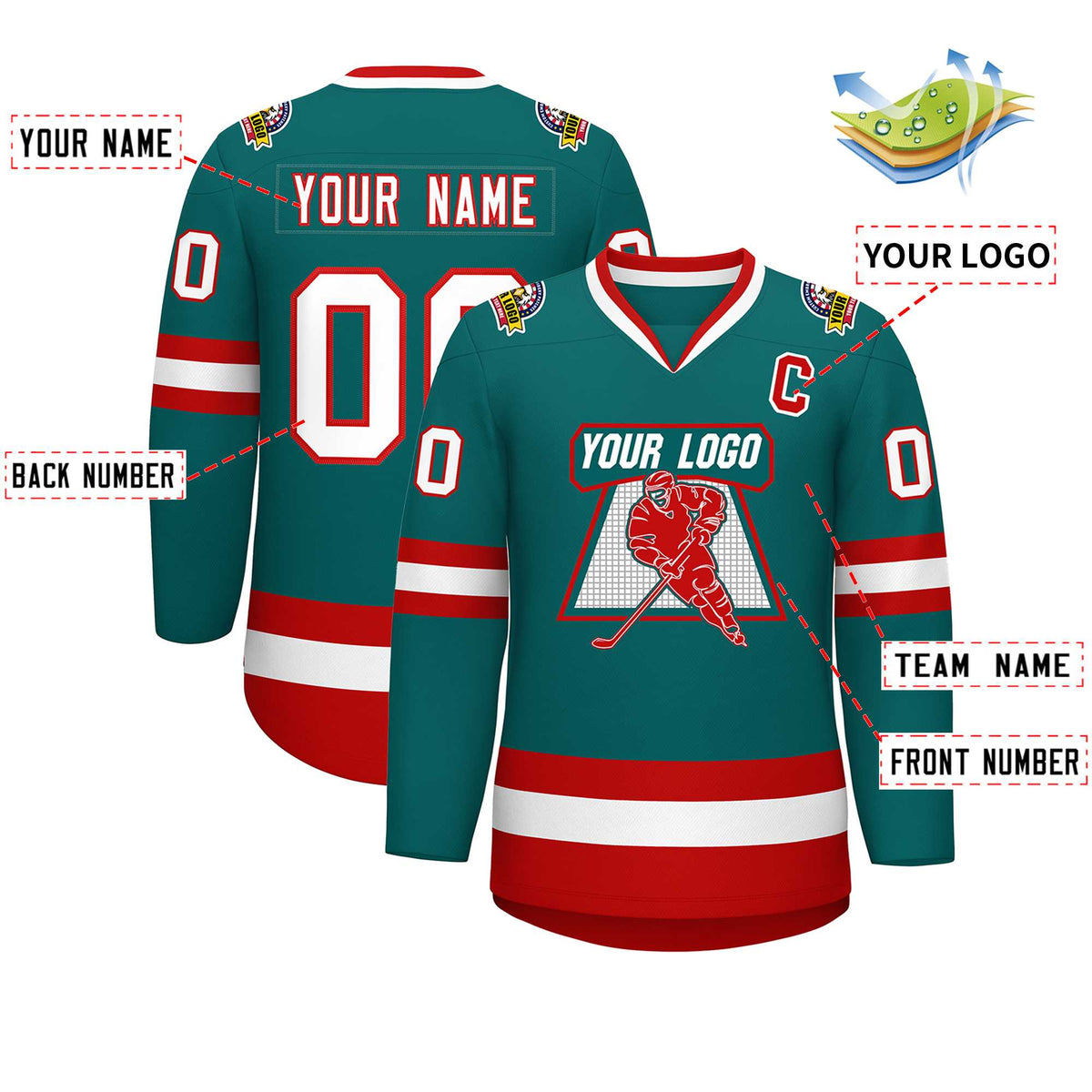Custom Teal White-Red Classic Style Hockey Jersey | KXKSHOP