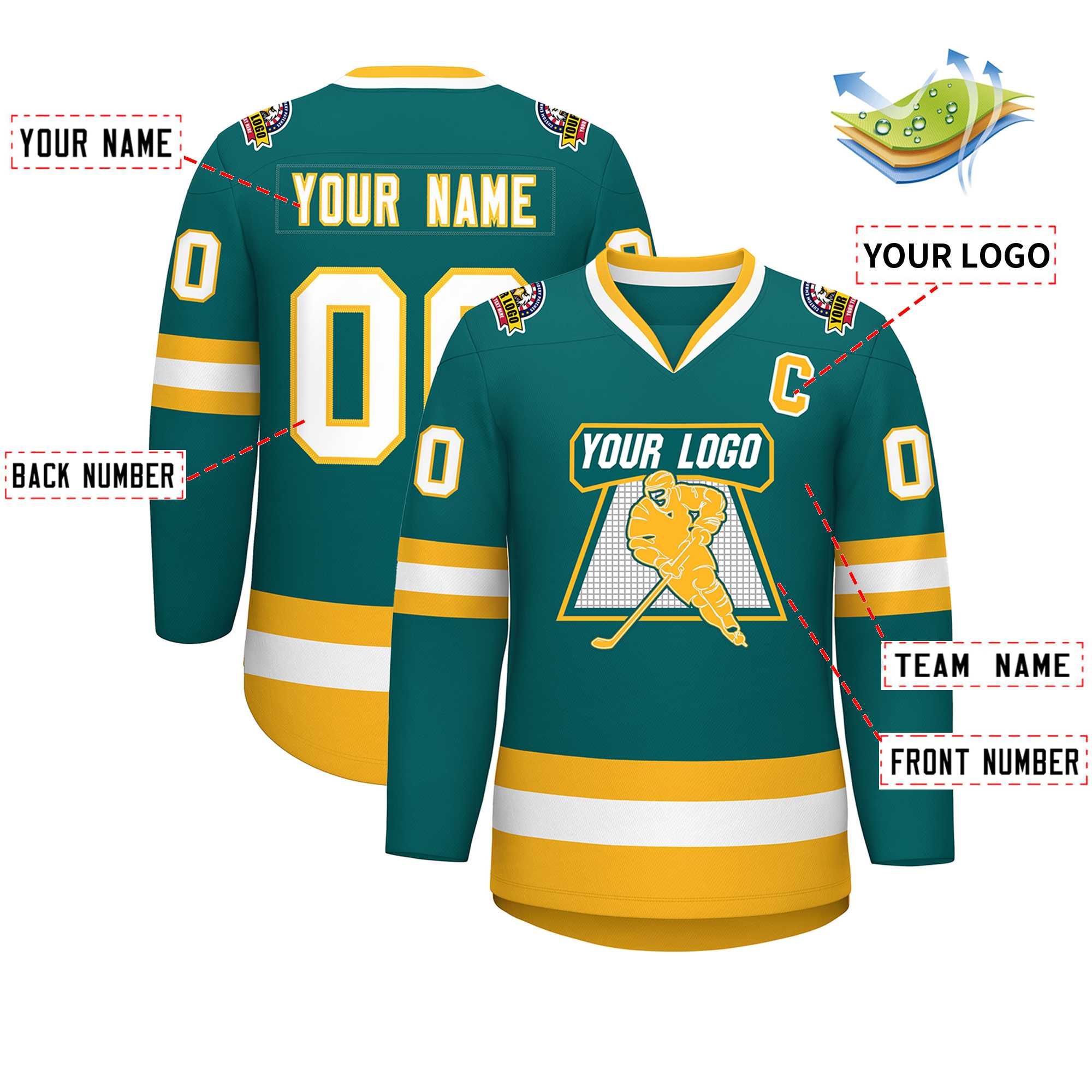 Custom Teal White-Gold Classic Style Hockey Jersey | KXKSHOP