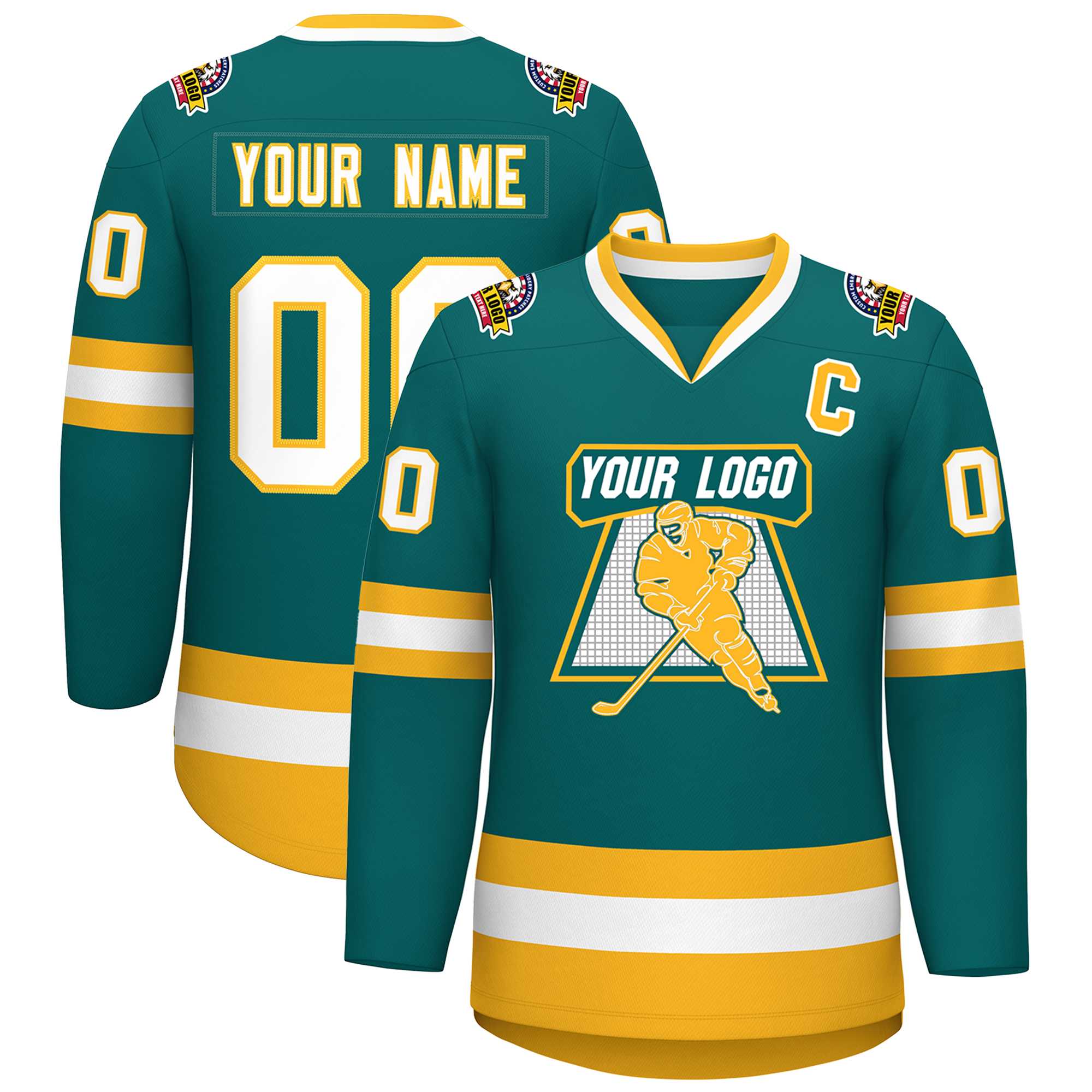Custom Teal White-Gold Classic Style Hockey Jersey | KXKSHOP