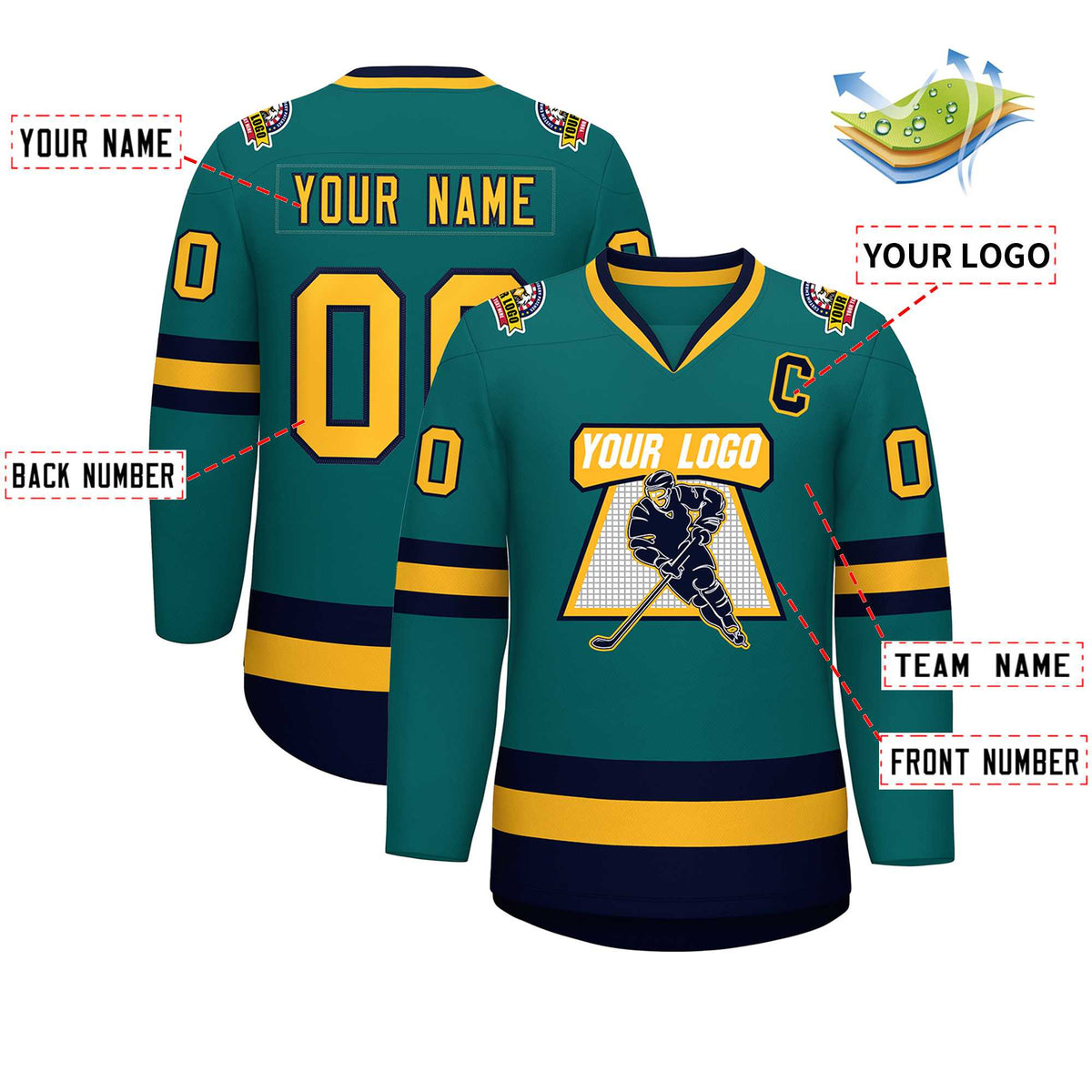 Custom Teal Gold-Navy Classic Style Hockey Jersey | KXKSHOP