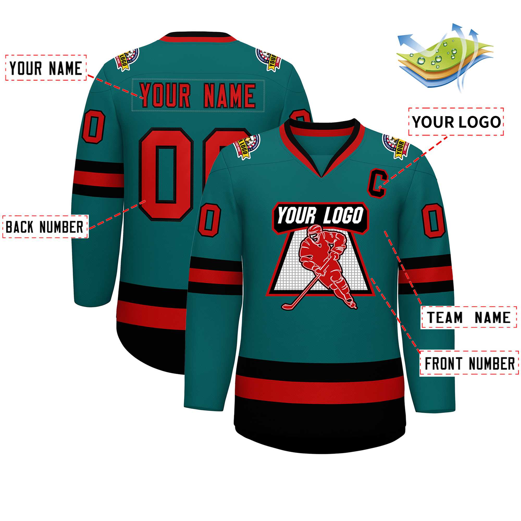 Custom Teal Red-Black Classic Style Hockey Jersey | KXKSHOP