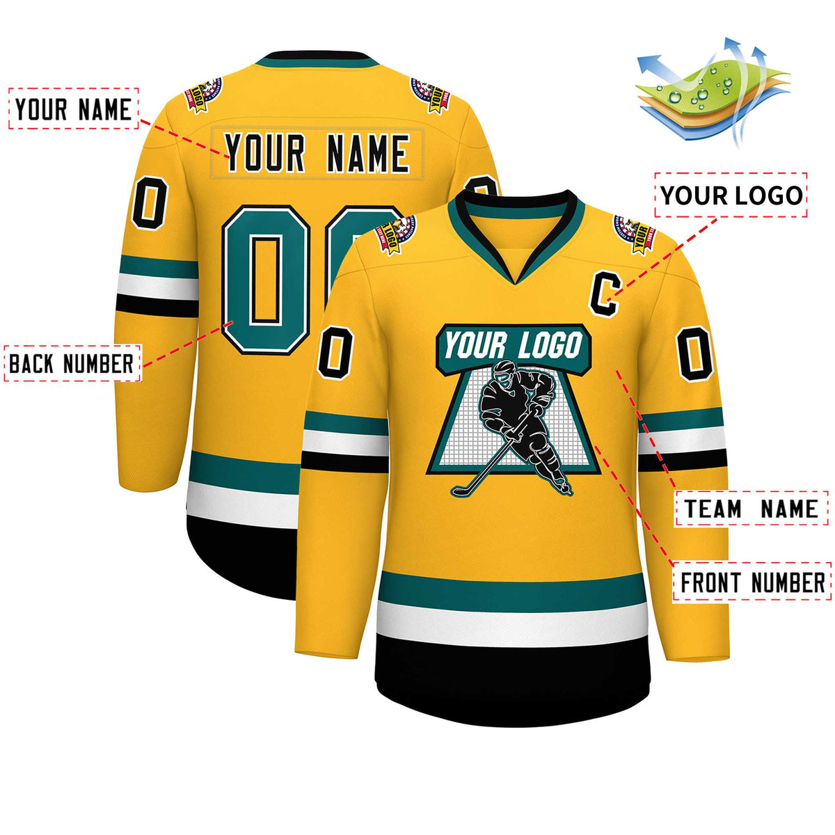 Custom Gold Aqua White-Black Classic Style Hockey Jersey | KXKSHOP