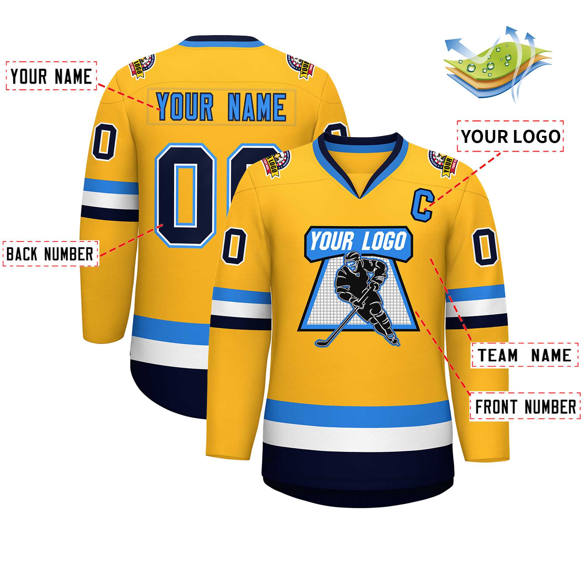 Custom Gold Navy White-Powder Blue Classic Style Hockey Jersey | KXKSHOP