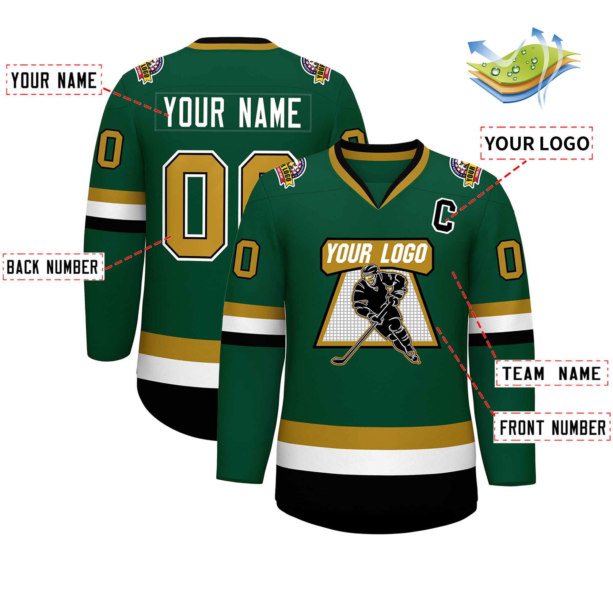 Custom Green Old Gold Black-White Classic Style Hockey Jersey | KXKSHOP