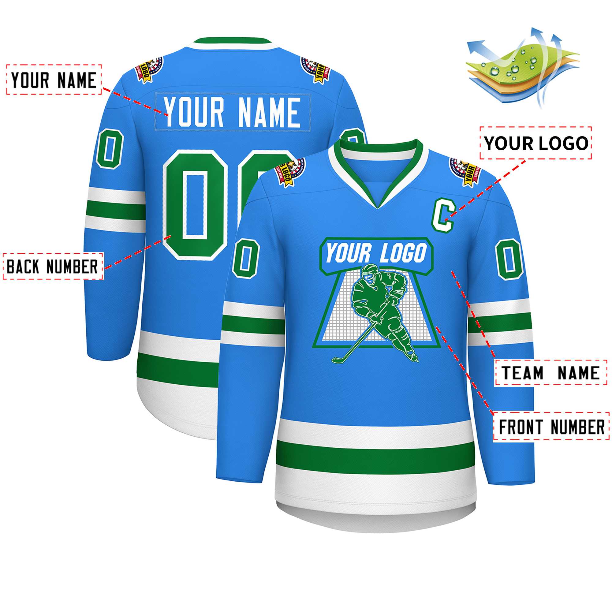 Custom Powder Blue Kelly Green-White Classic Style Hockey Jersey | KXKSHOP