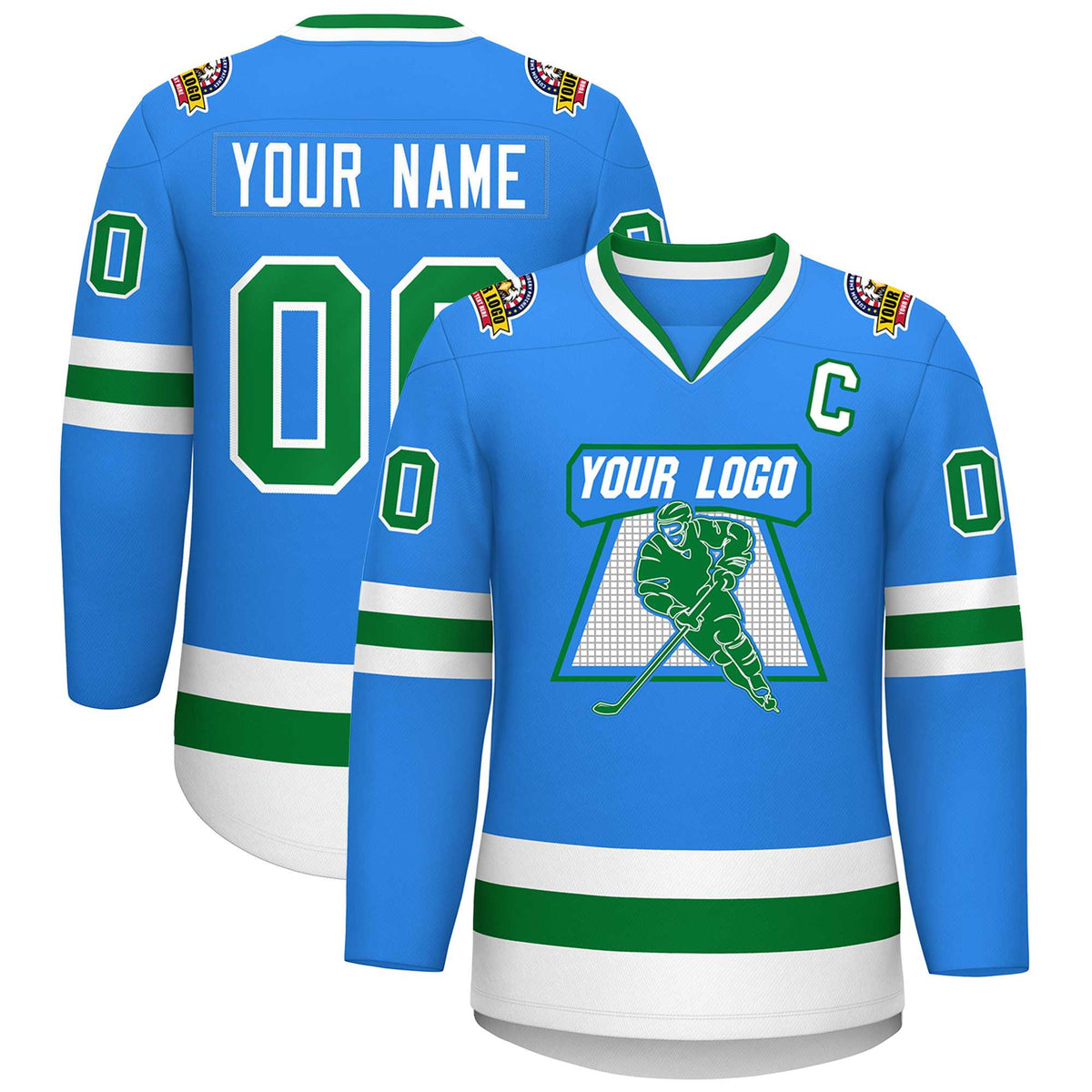 Custom Powder Blue Kelly Green-White Classic Style Hockey Jersey | KXKSHOP