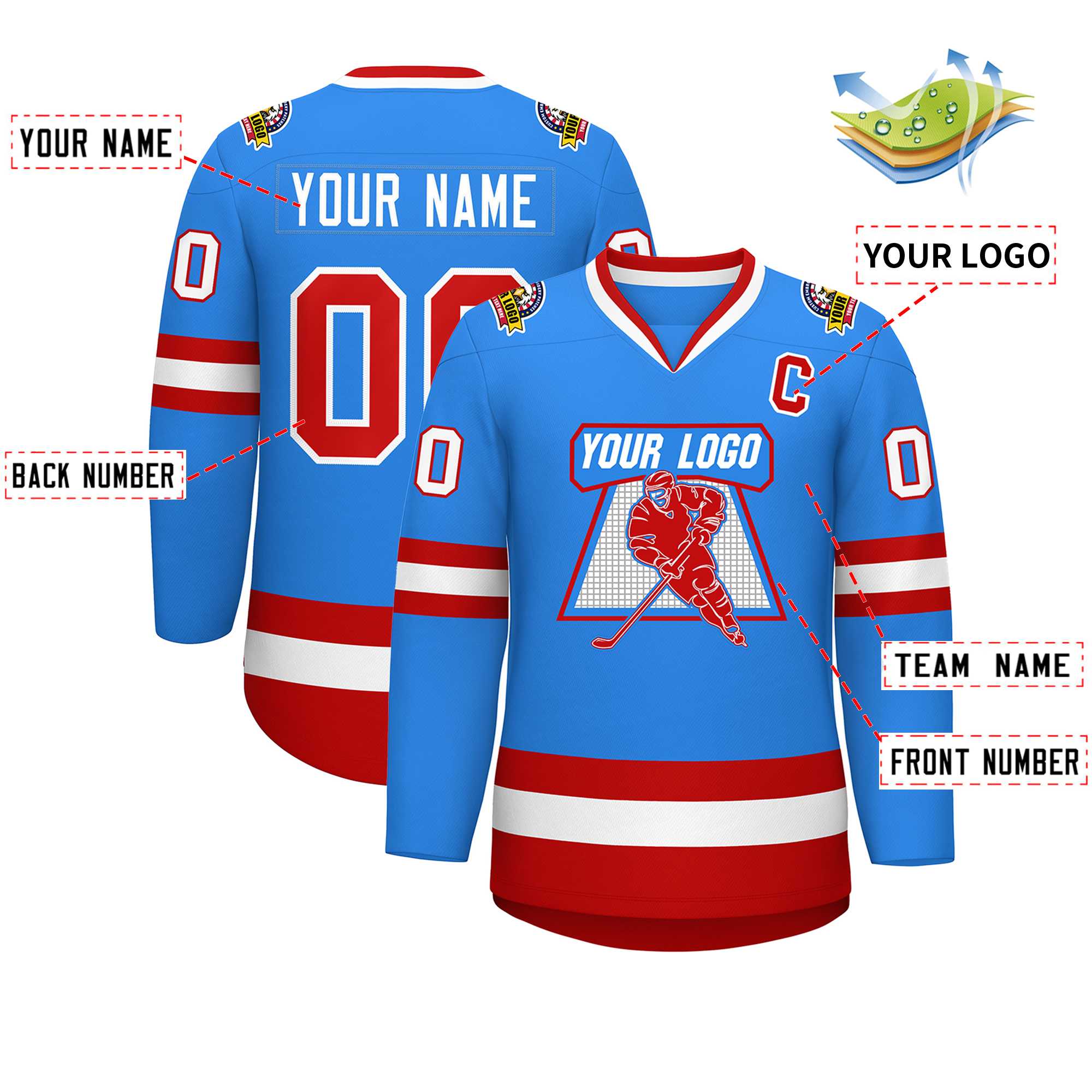 Custom Powder Blue Red-White Classic Style Hockey Jersey | KXKSHOP