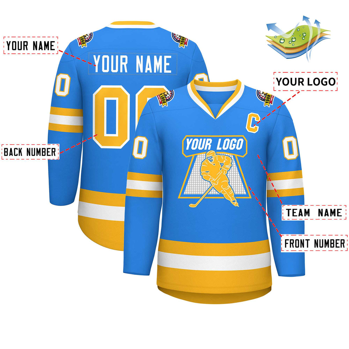 Custom Powder Blue Gold-White Classic Style Hockey Jersey | KXKSHOP