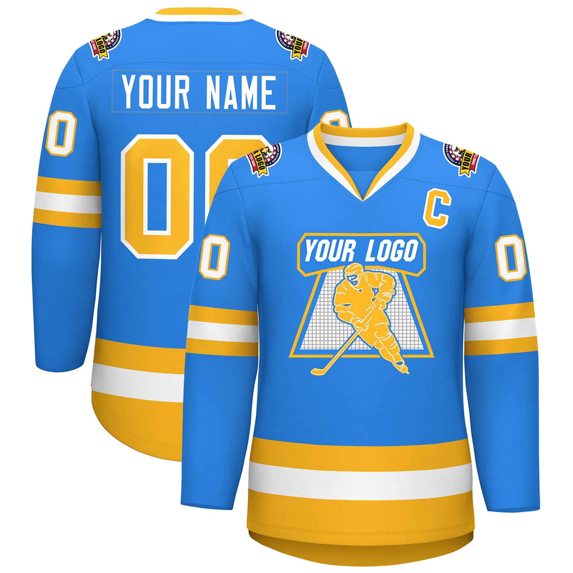 Custom Powder Blue Gold-White Classic Style Hockey Jersey | KXKSHOP