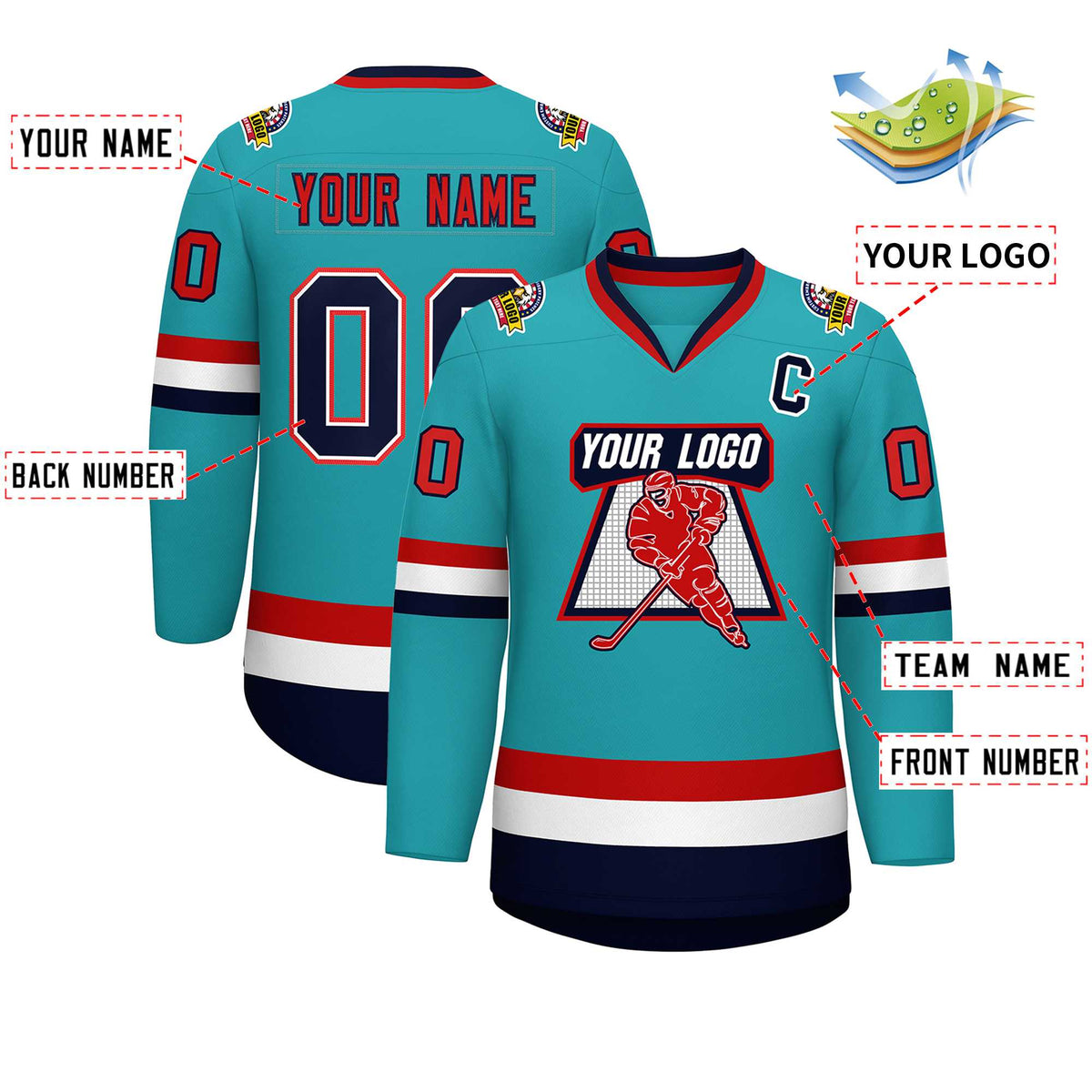 Custom Aqua Navy White-Red Classic Style Hockey Jersey | KXKSHOP