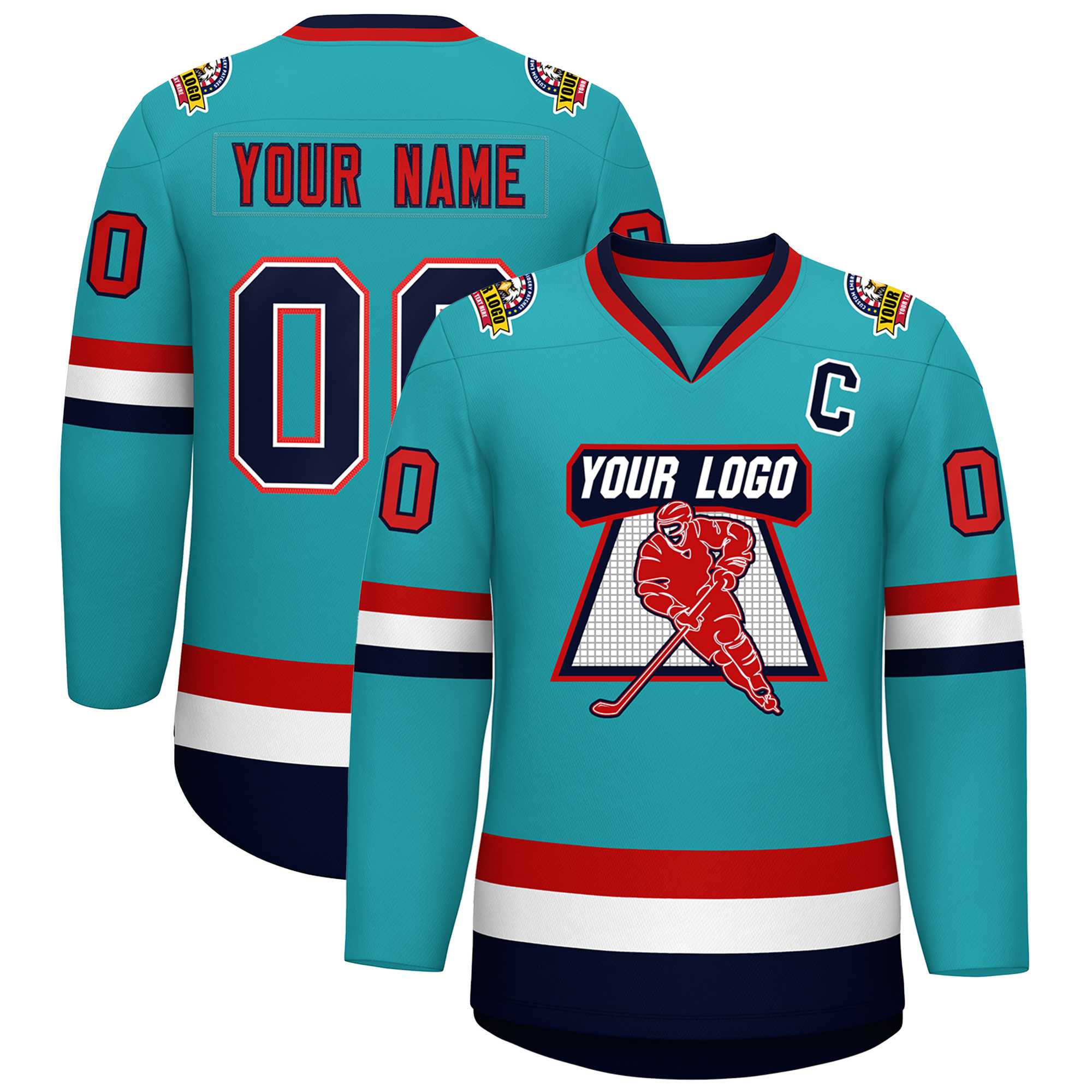 Custom Aqua Navy White-Red Classic Style Hockey Jersey | KXKSHOP