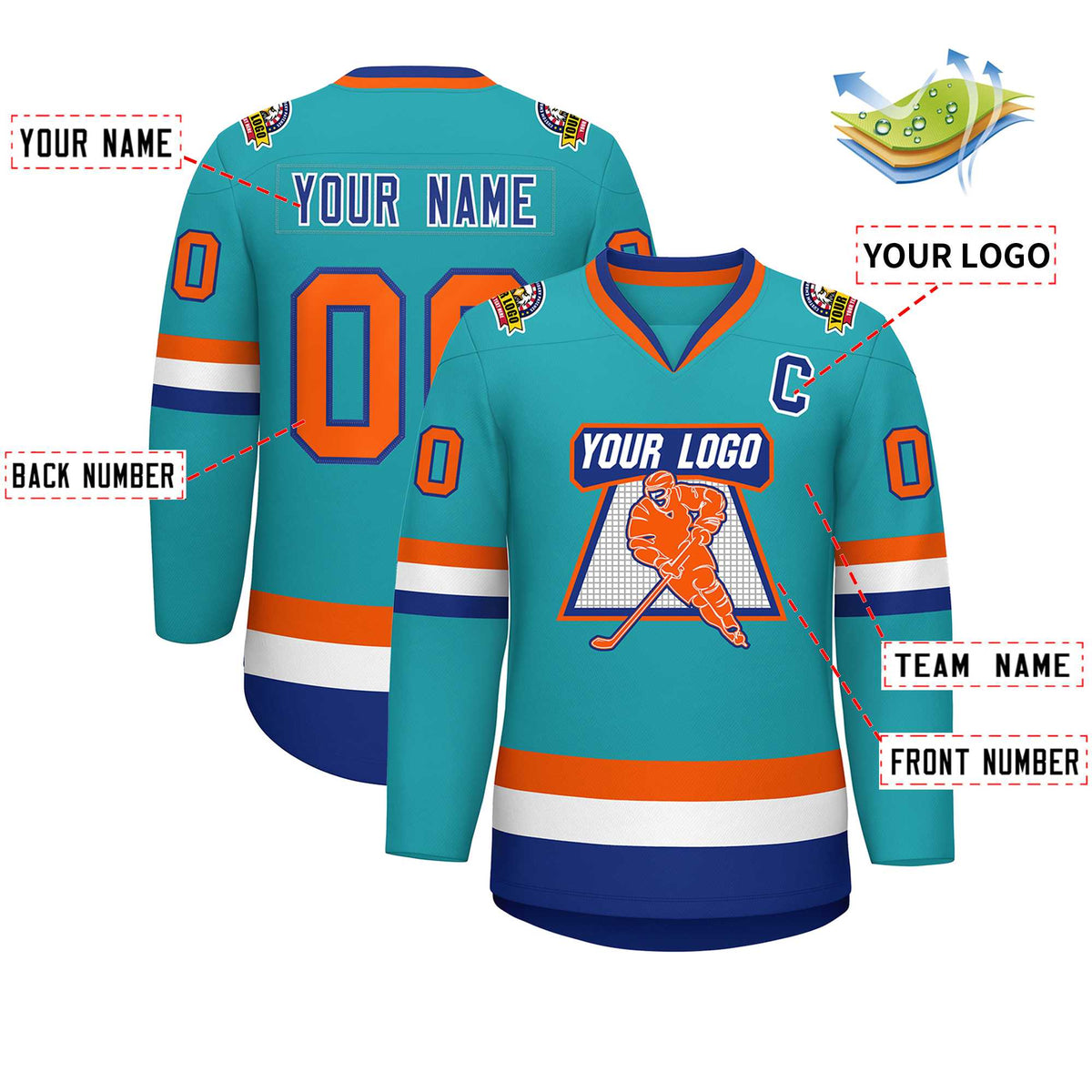 Custom Aqua Orange Royal-White Classic Style Hockey Jersey | KXKSHOP