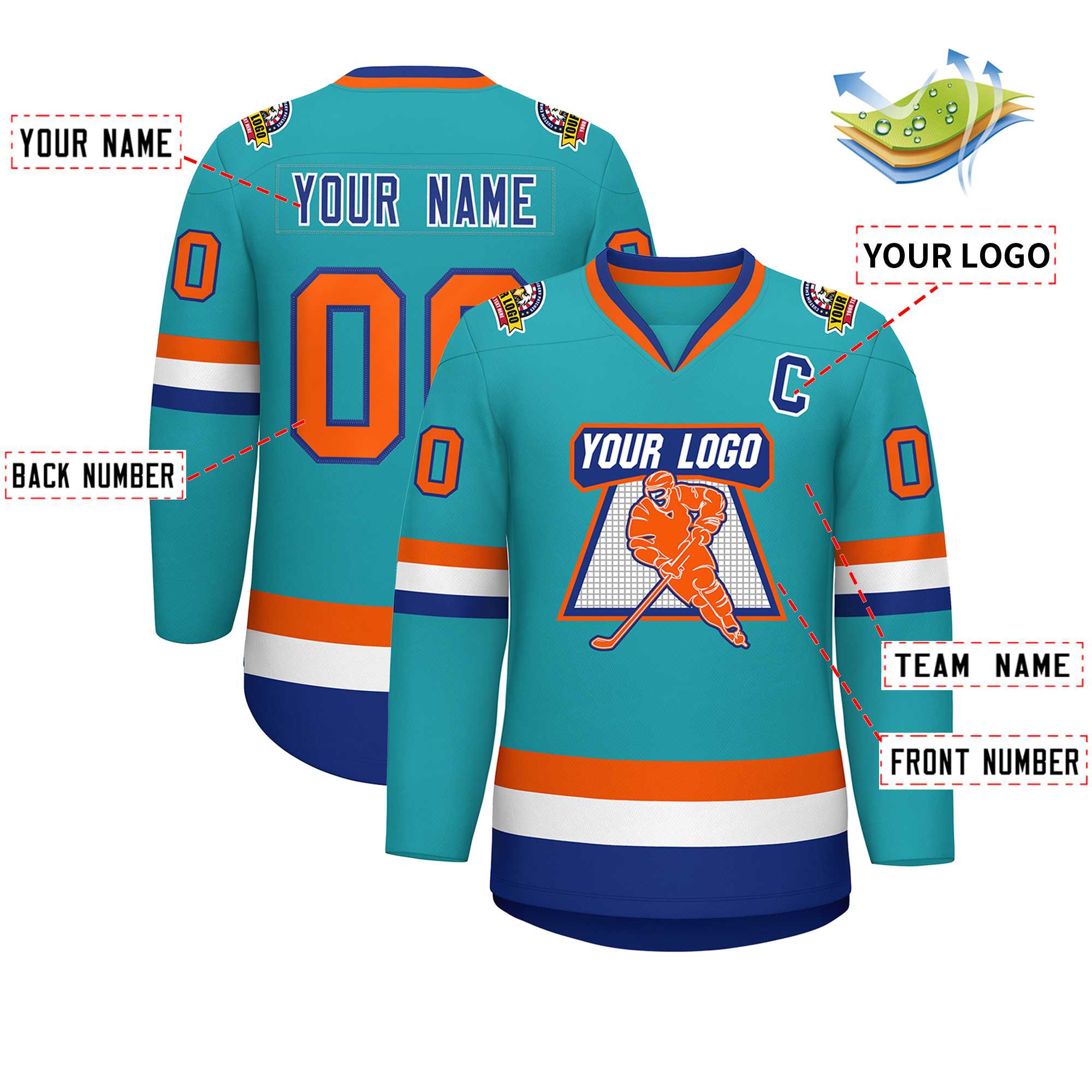 Custom Aqua Orange Royal-White Classic Style Hockey Jersey | KXKSHOP