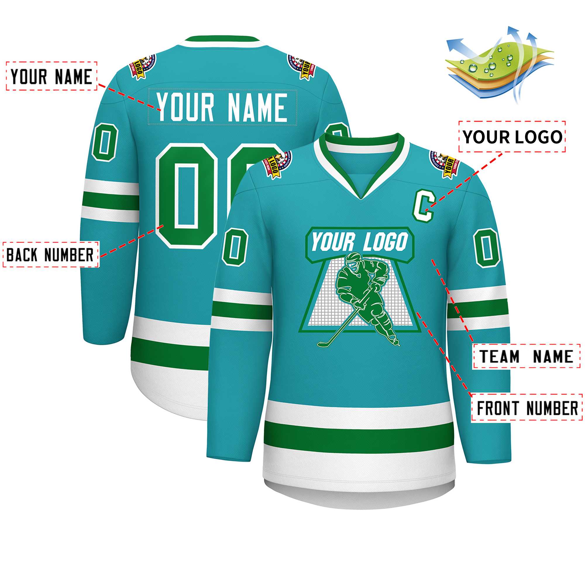Custom Aqua Kelly Green-White Classic Style Hockey Jersey | KXKSHOP