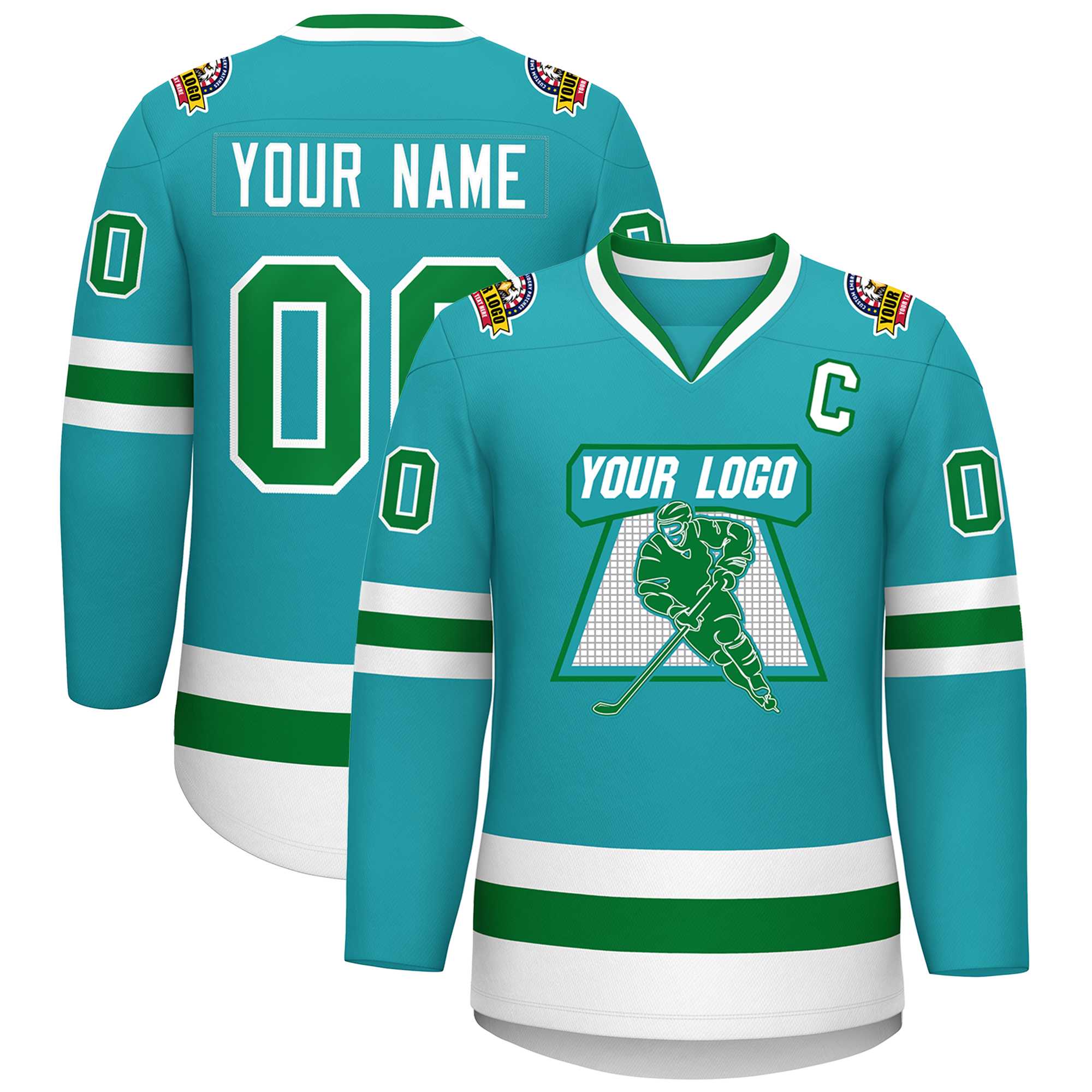 Custom Aqua Kelly Green-White Classic Style Hockey Jersey | KXKSHOP