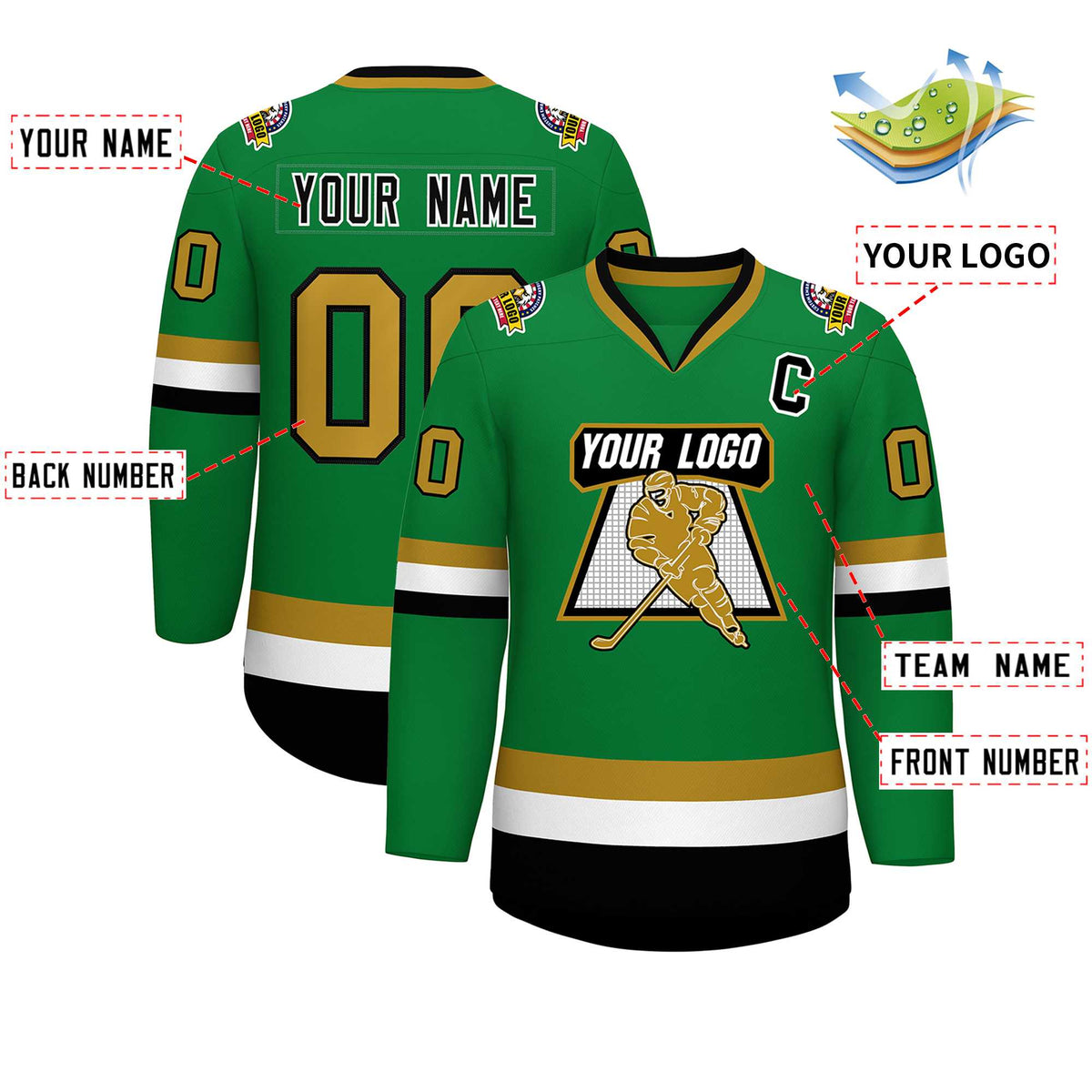 Custom Kelly Green Black White-Old Gold Classic Style Hockey Jersey | KXKSHOP